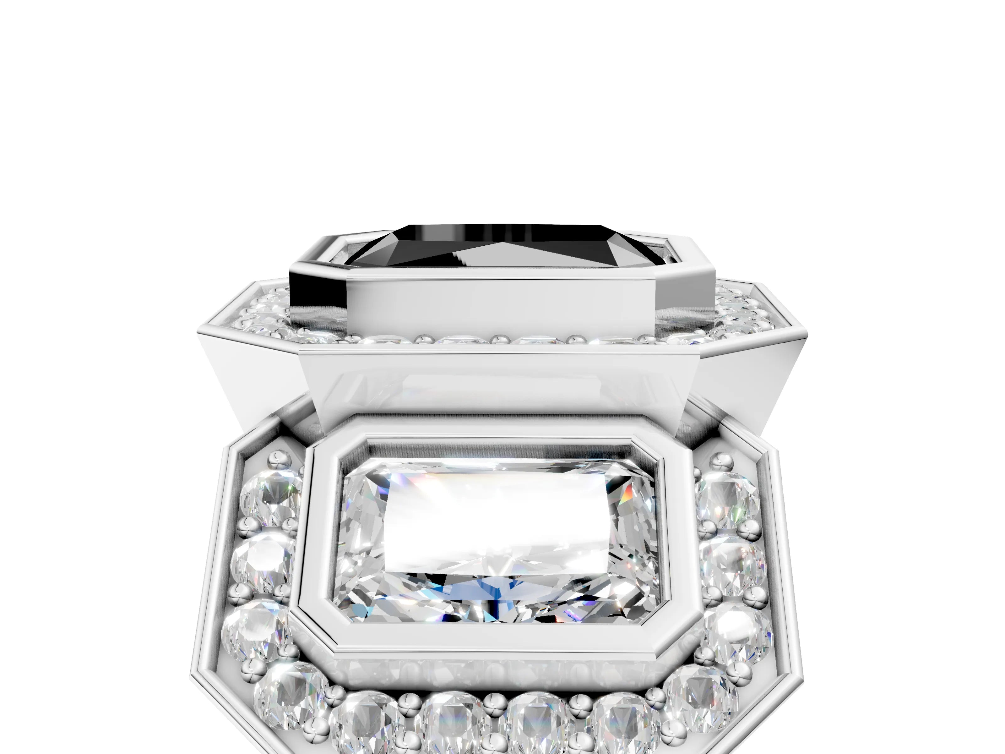 White gold Three-Stone Fancy Black Radiant Cut Halo Pavé Diamond Ring_5