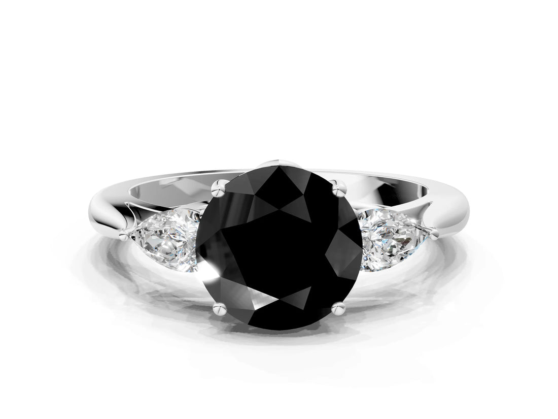 White gold Three-Stone Fancy Black Round Cut Brilliant Diamond Solitaire Ring with Tapered Band and Four-Prong Setting_23