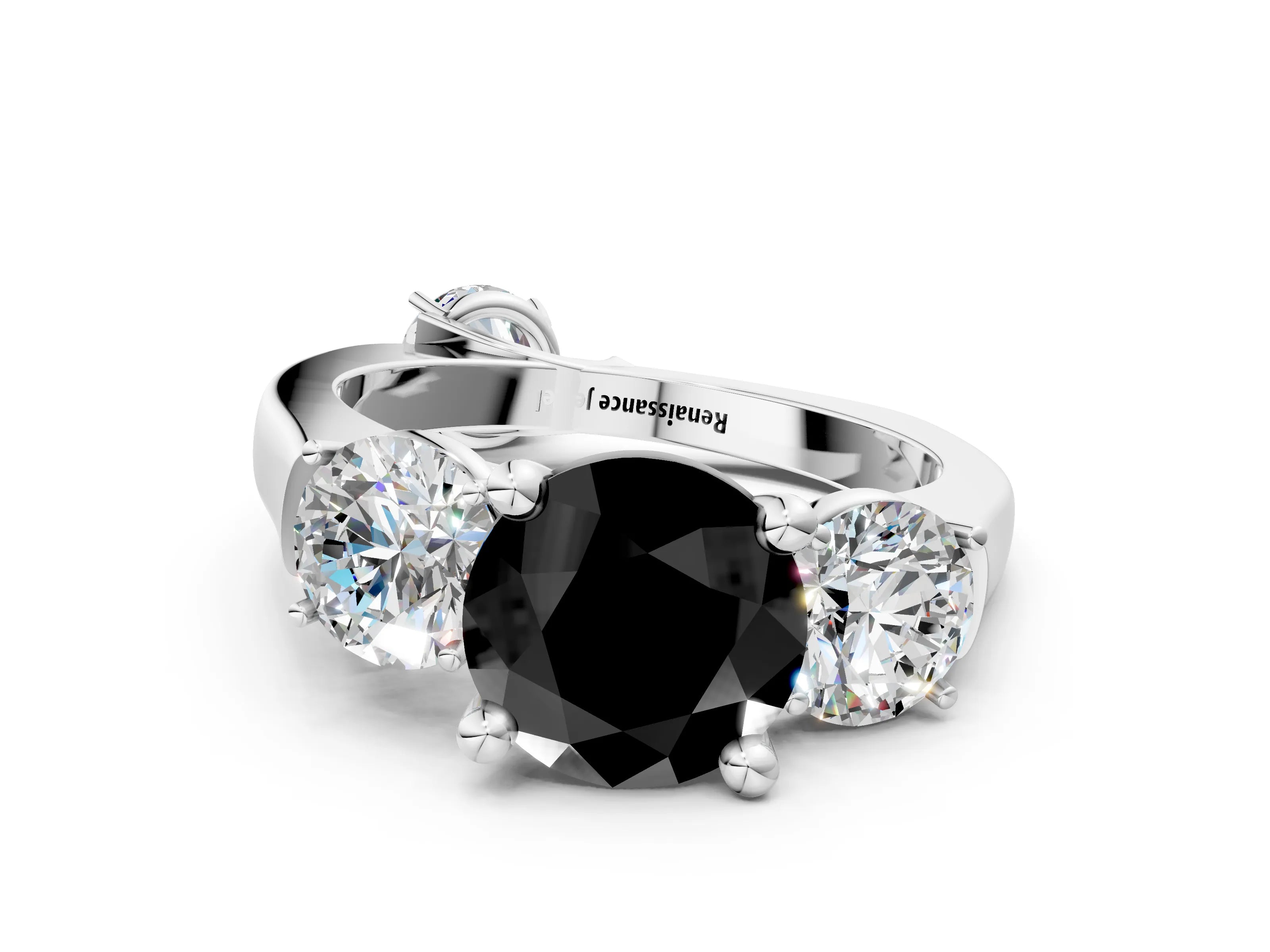 White gold Three-Stone Fancy Black Round Cut Brilliant Diamond Trellis Ring with Comfort Fit Band_12