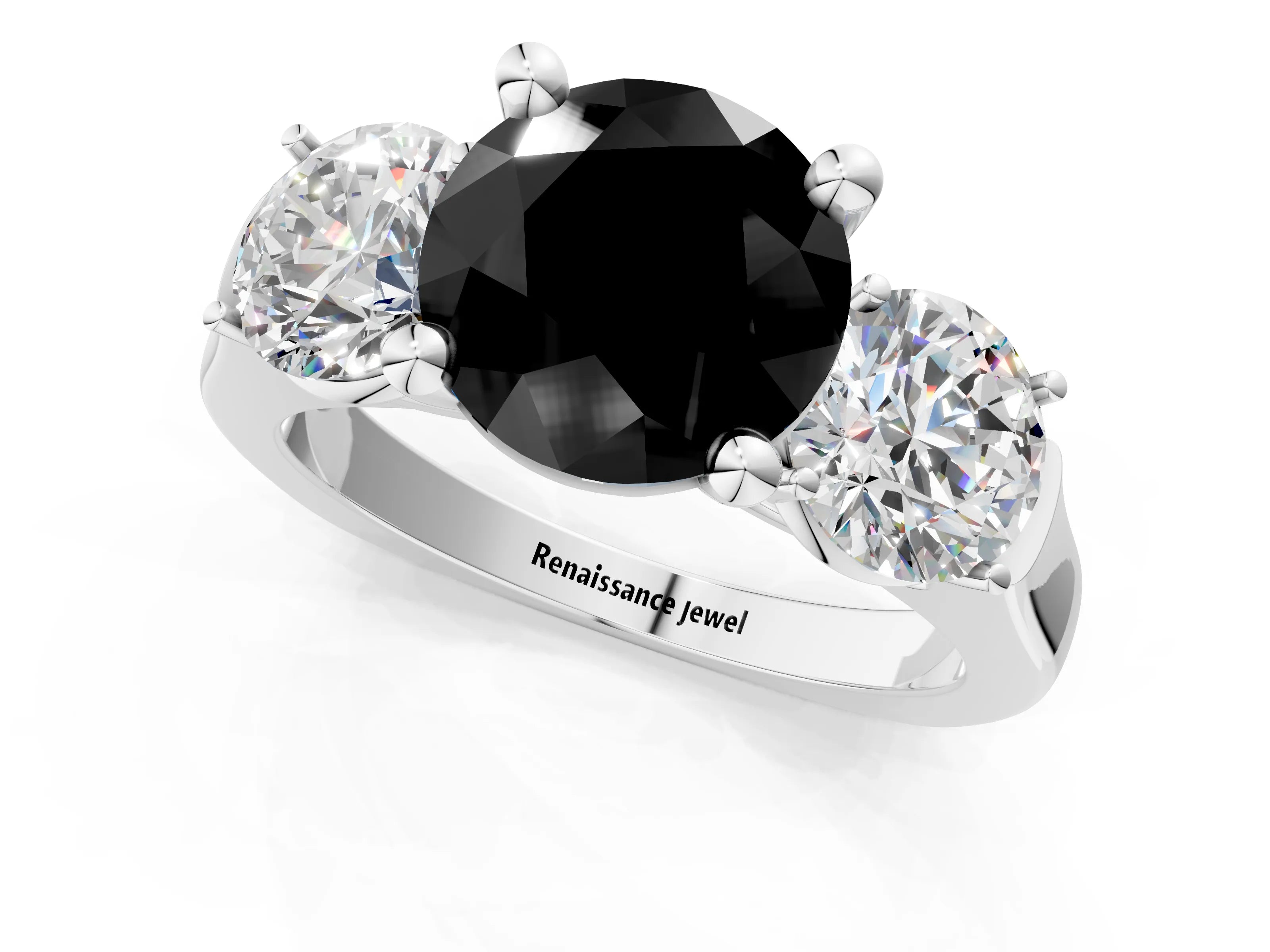 White gold Three-Stone Fancy Black Round Cut Brilliant Diamond Trellis Ring with Comfort Fit Band_13