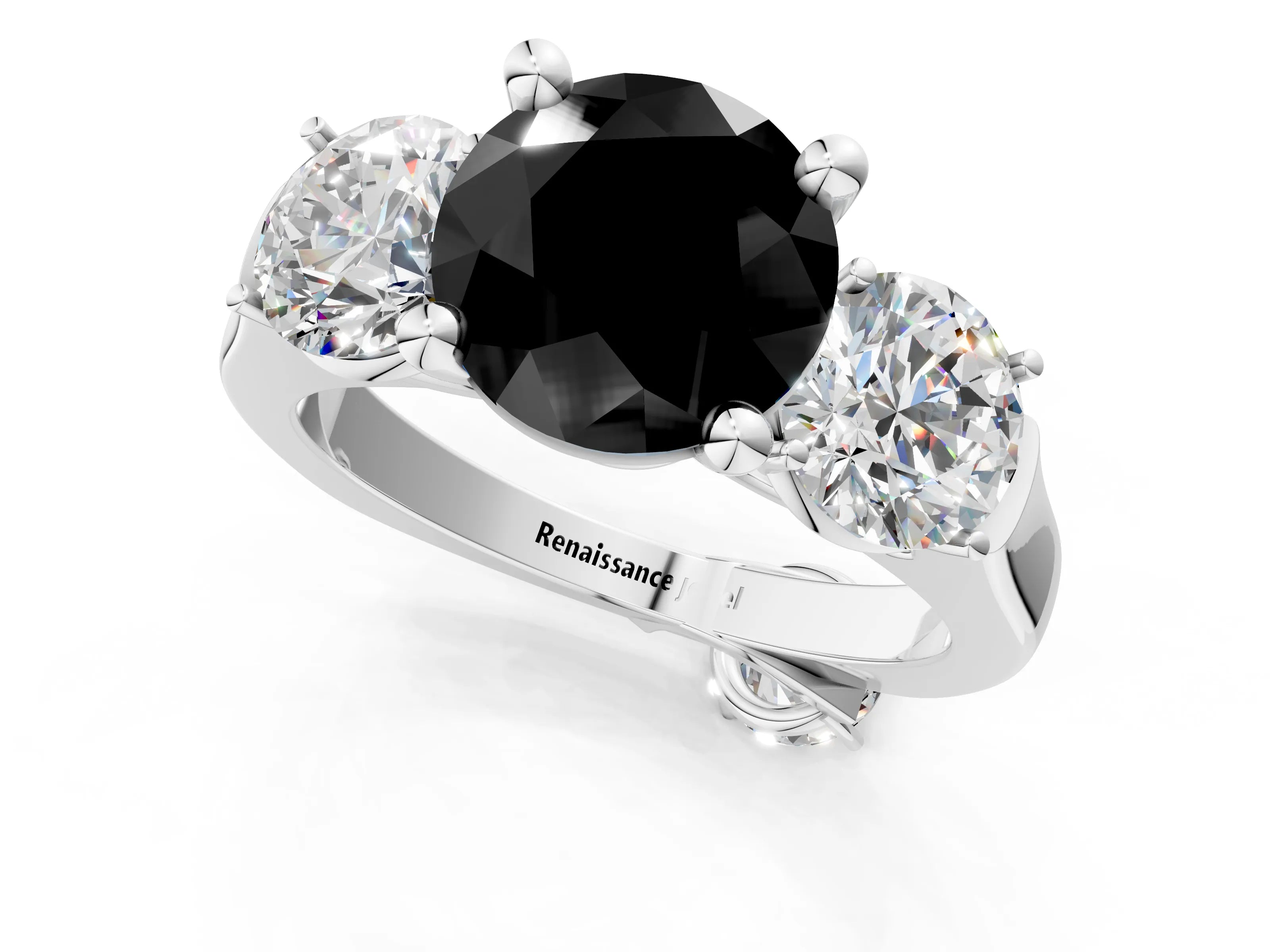 White gold Three-Stone Fancy Black Round Cut Brilliant Diamond Trellis Ring with Comfort Fit Band_13