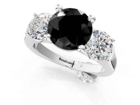 White gold Three-Stone Fancy Black Round Cut Brilliant Diamond Trellis Ring with Comfort Fit Band_13