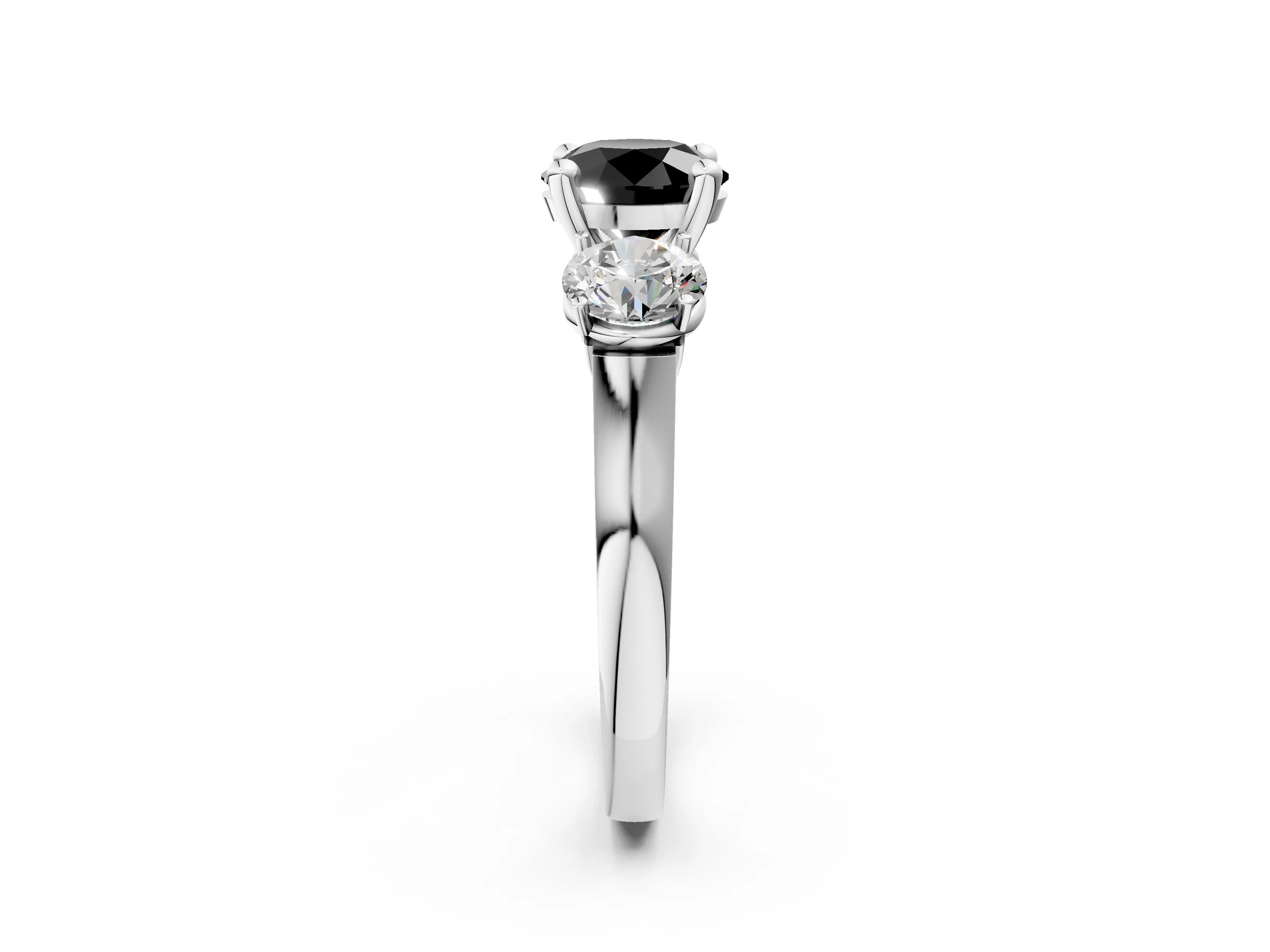 White gold Three-Stone Fancy Black Round Cut Brilliant Diamond Trellis Ring with Comfort Fit Band_14