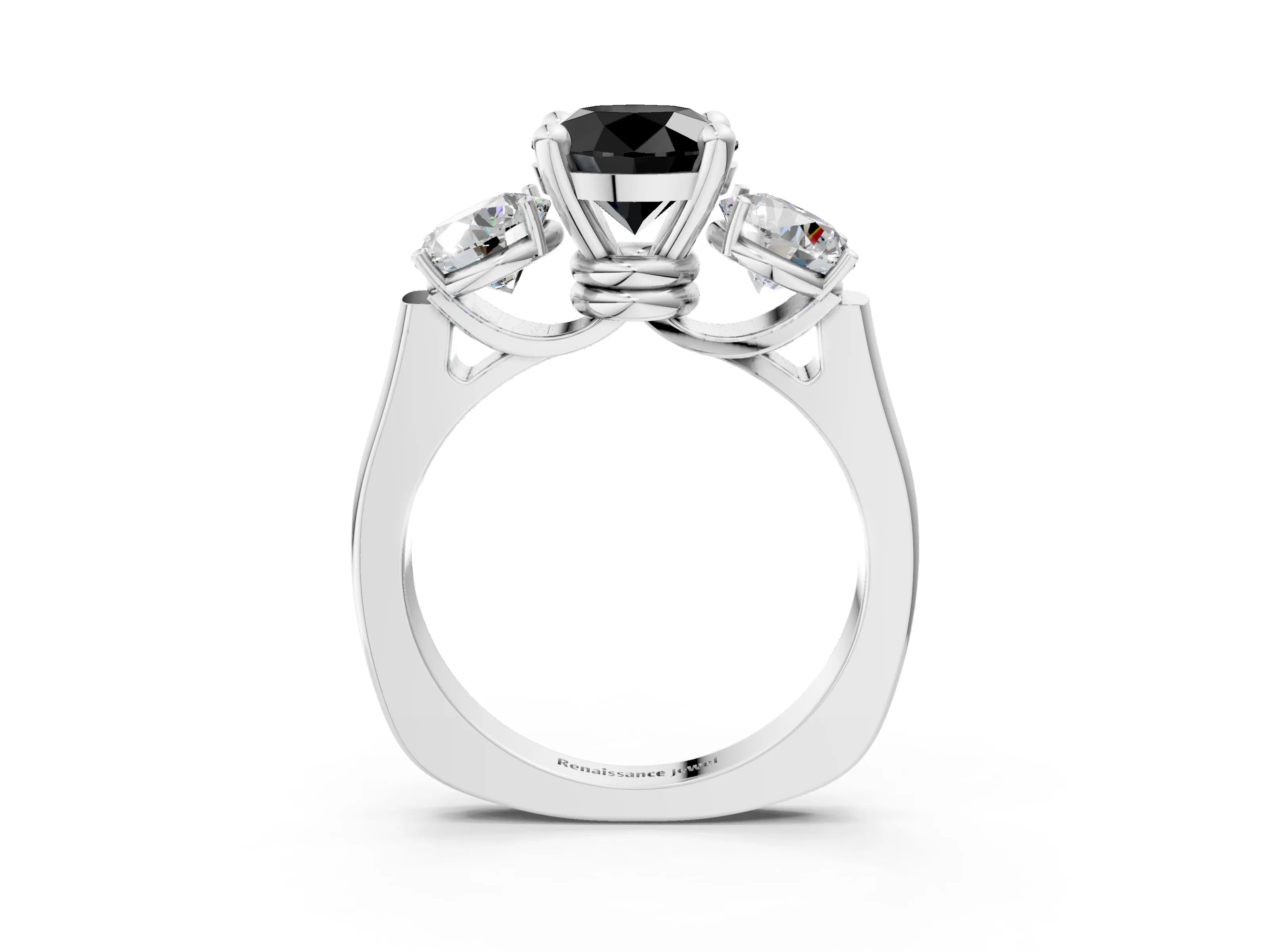 White gold Three-Stone Fancy Black Round Cut Brilliant Diamond Trellis Ring with Comfort Fit Band_15