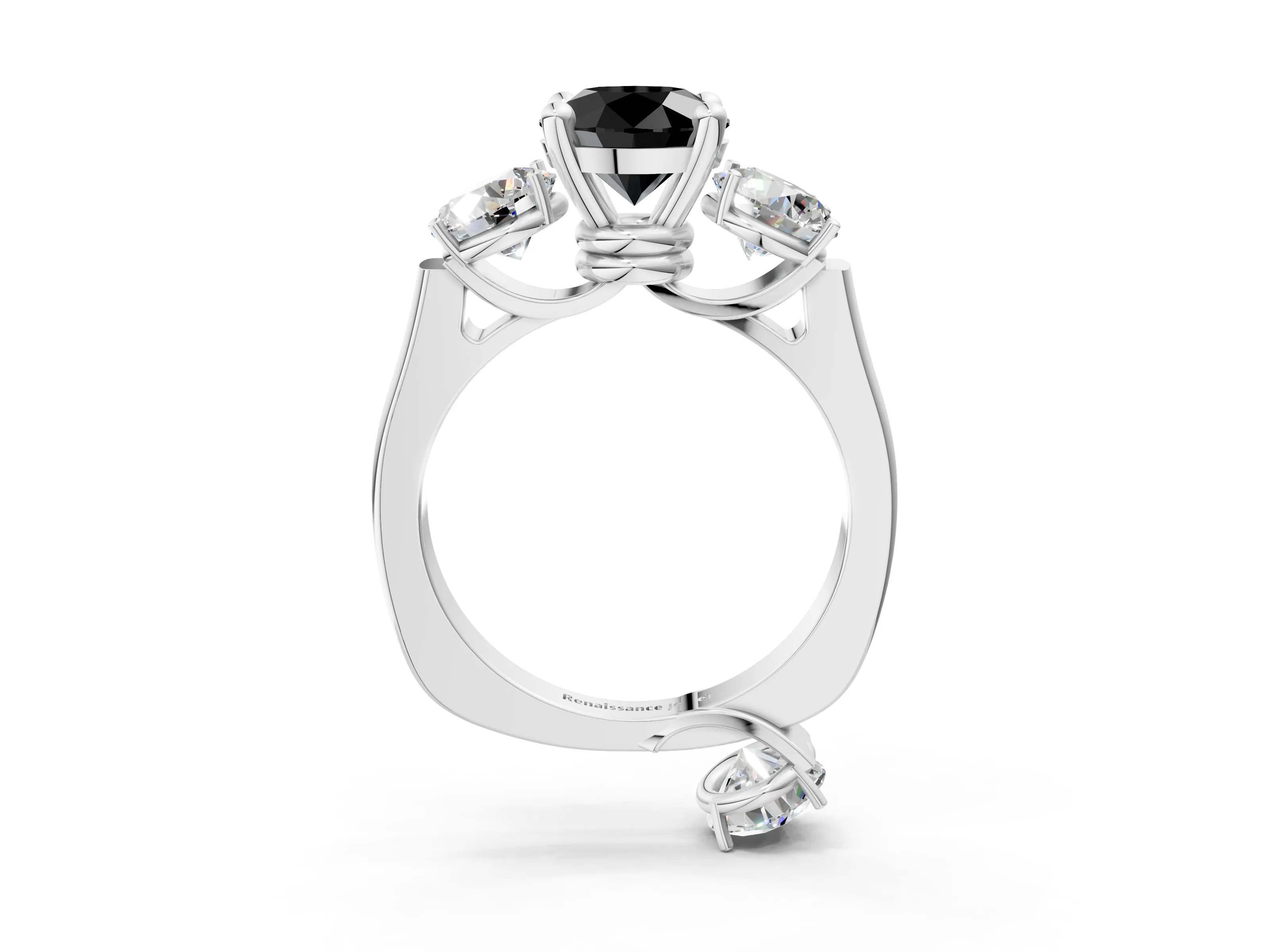 White gold Three-Stone Fancy Black Round Cut Brilliant Diamond Trellis Ring with Comfort Fit Band_15
