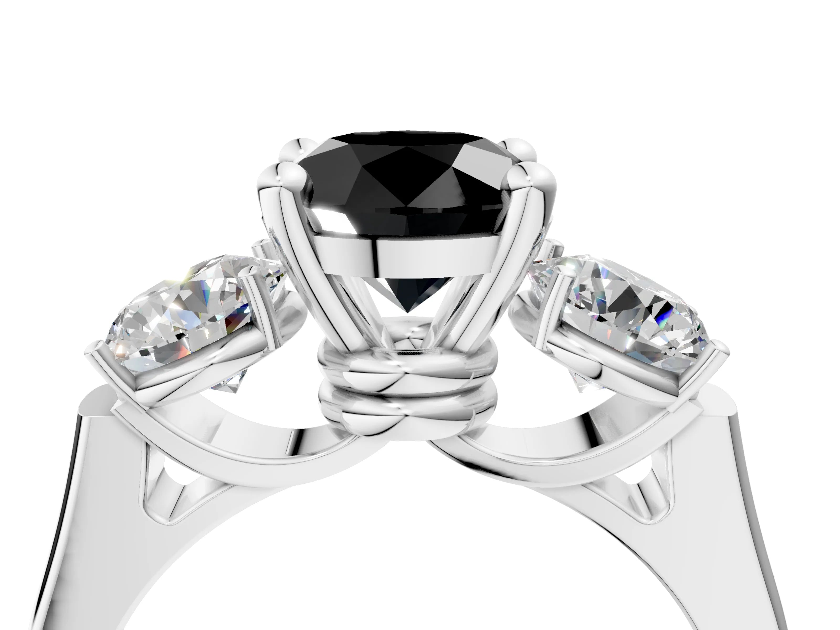 White gold Three-Stone Fancy Black Round Cut Brilliant Diamond Trellis Ring with Comfort Fit Band_16