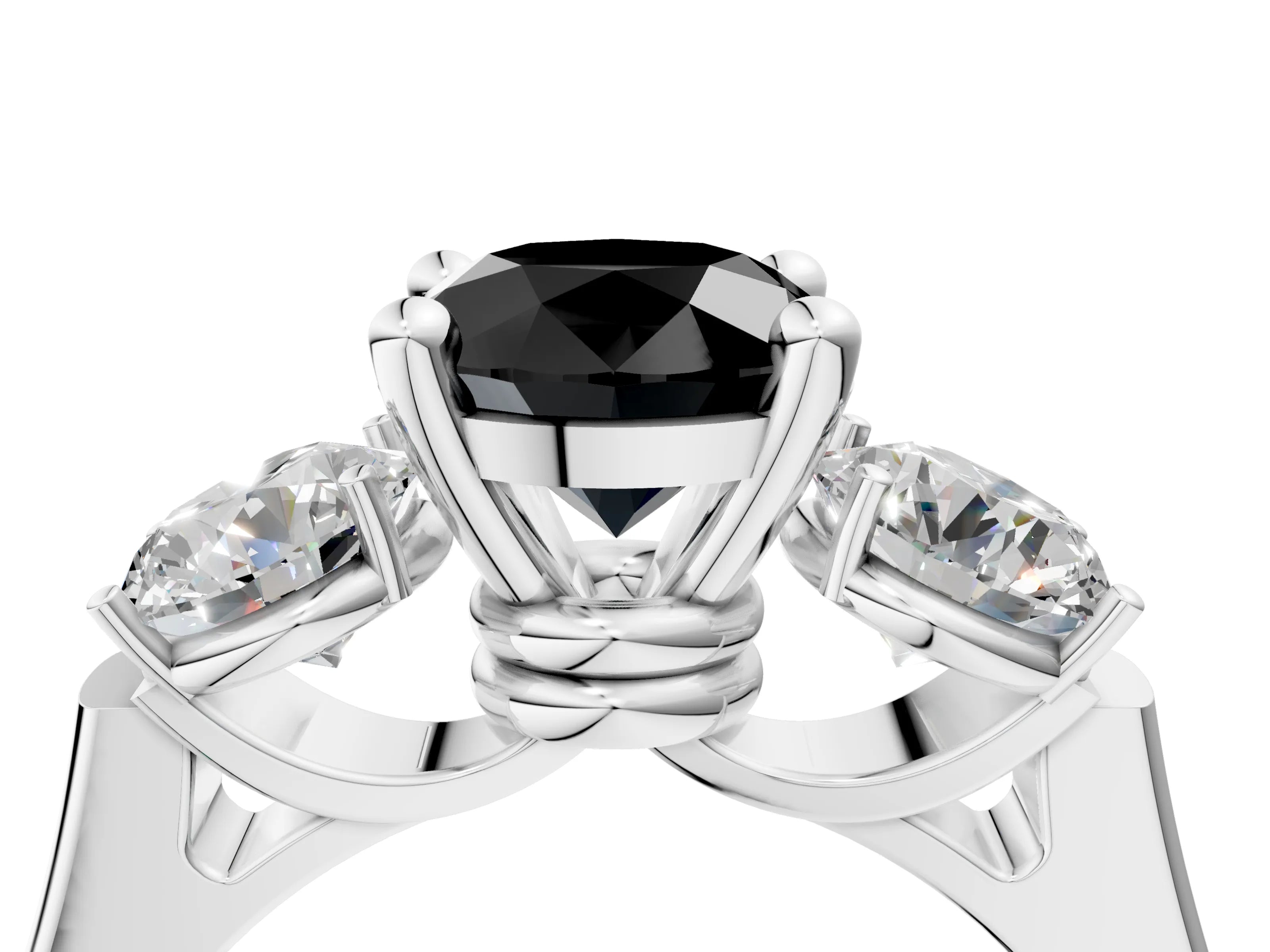 White gold Three-Stone Fancy Black Round Cut Brilliant Diamond Trellis Ring with Comfort Fit Band_16