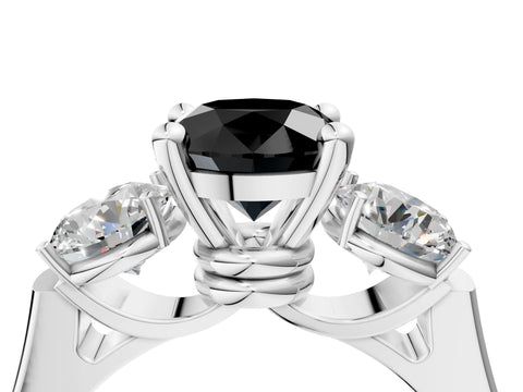 White gold Three-Stone Fancy Black Round Cut Brilliant Diamond Trellis Ring with Comfort Fit Band_16