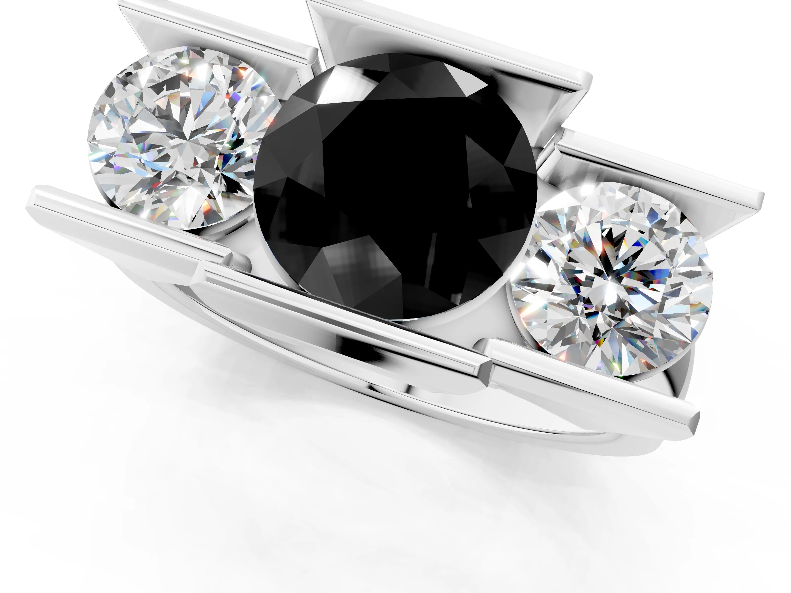 White gold Three Stone Fancy Black Round Cut Cut Channel Set Diamond Ring_25