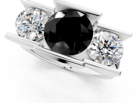 White gold Three Stone Fancy Black Round Cut Cut Channel Set Diamond Ring_25