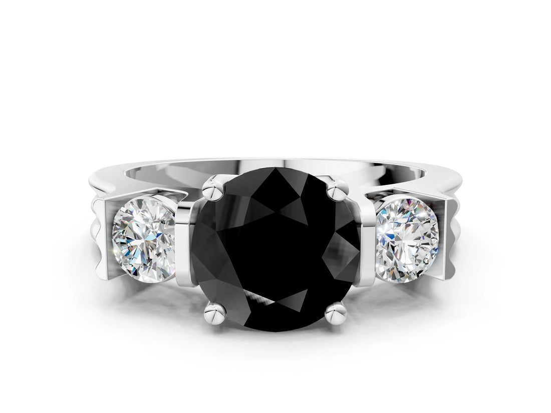 White gold Three-Stone Fancy Black Round Cut Cut Classic Band Prong Setting Ring