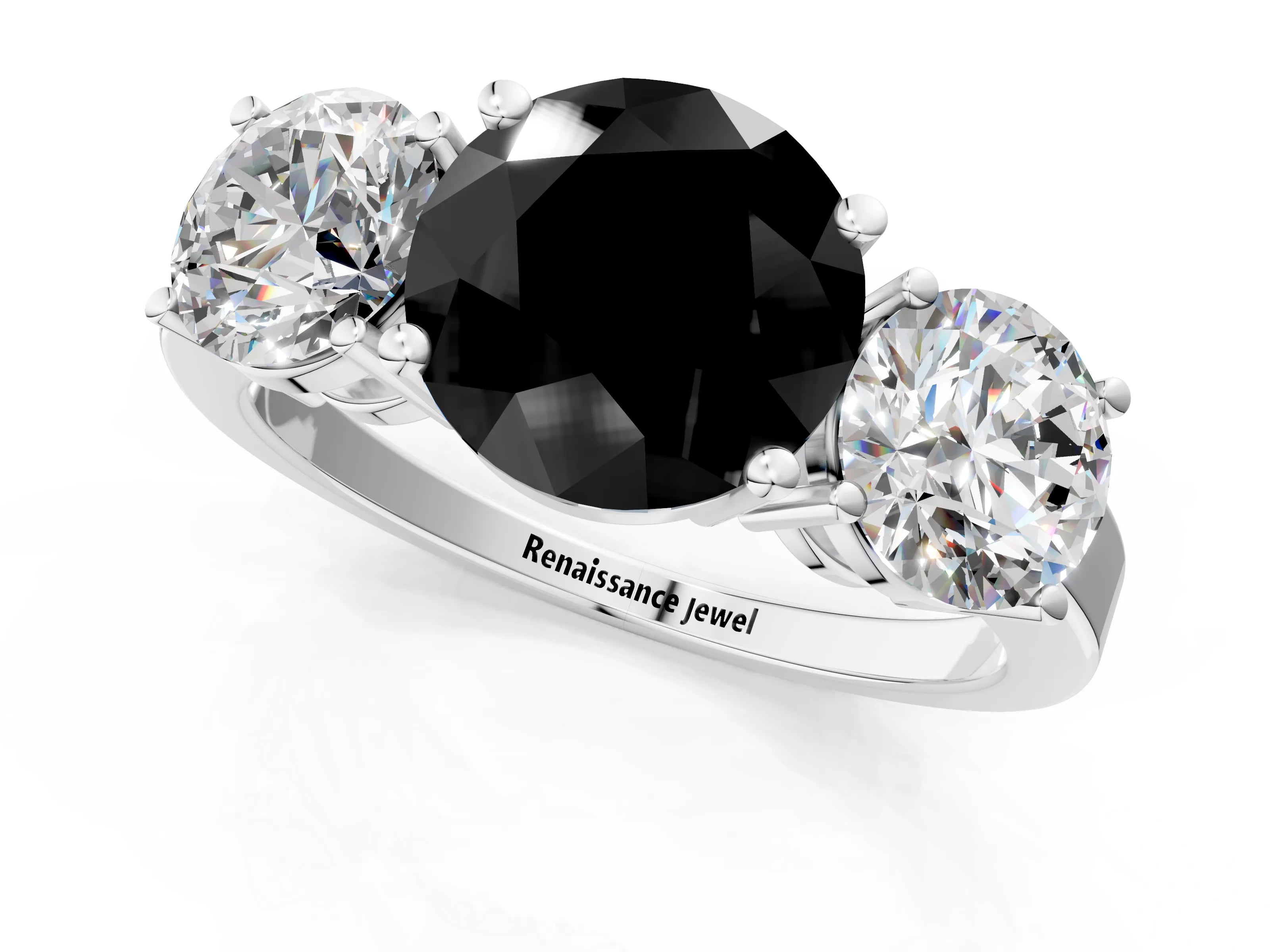 White gold Three-Stone Fancy Black Round Cut Cut Diamond Engagement Ring with Flat Band and Four-Prong Setting_13