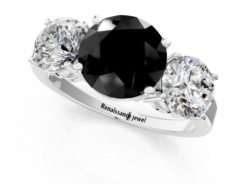 White gold Three-Stone Fancy Black Round Cut Cut Diamond Engagement Ring with Flat Band and Four-Prong Setting_13