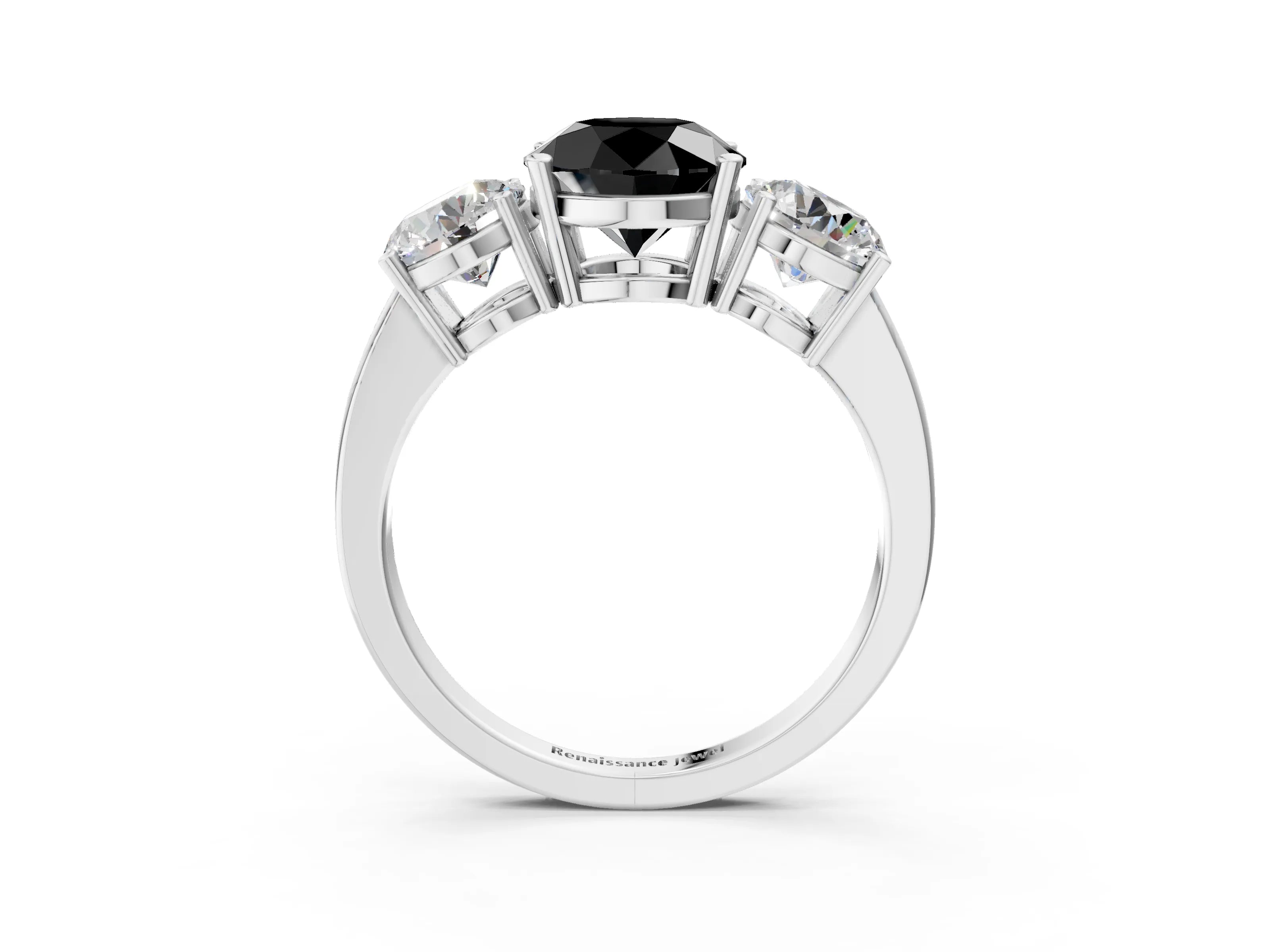White gold Three-Stone Fancy Black Round Cut Cut Diamond Engagement Ring with Flat Band and Four-Prong Setting_15