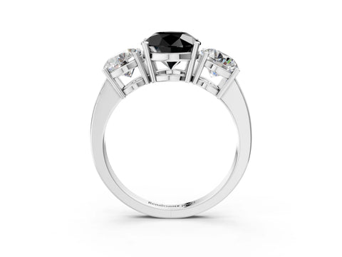 White gold Three-Stone Fancy Black Round Cut Cut Diamond Engagement Ring with Flat Band and Four-Prong Setting_15