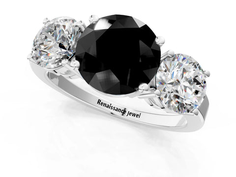 White gold Three-Stone Fancy Black Round Cut Cut Diamond Engagement Ring with Flat Band and Four-Prong Setting_1