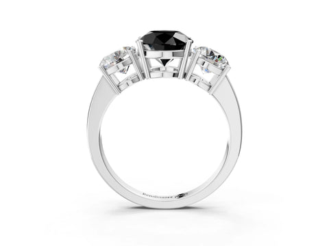 White gold Three-Stone Fancy Black Round Cut Cut Diamond Engagement Ring with Flat Band and Four-Prong Setting_3