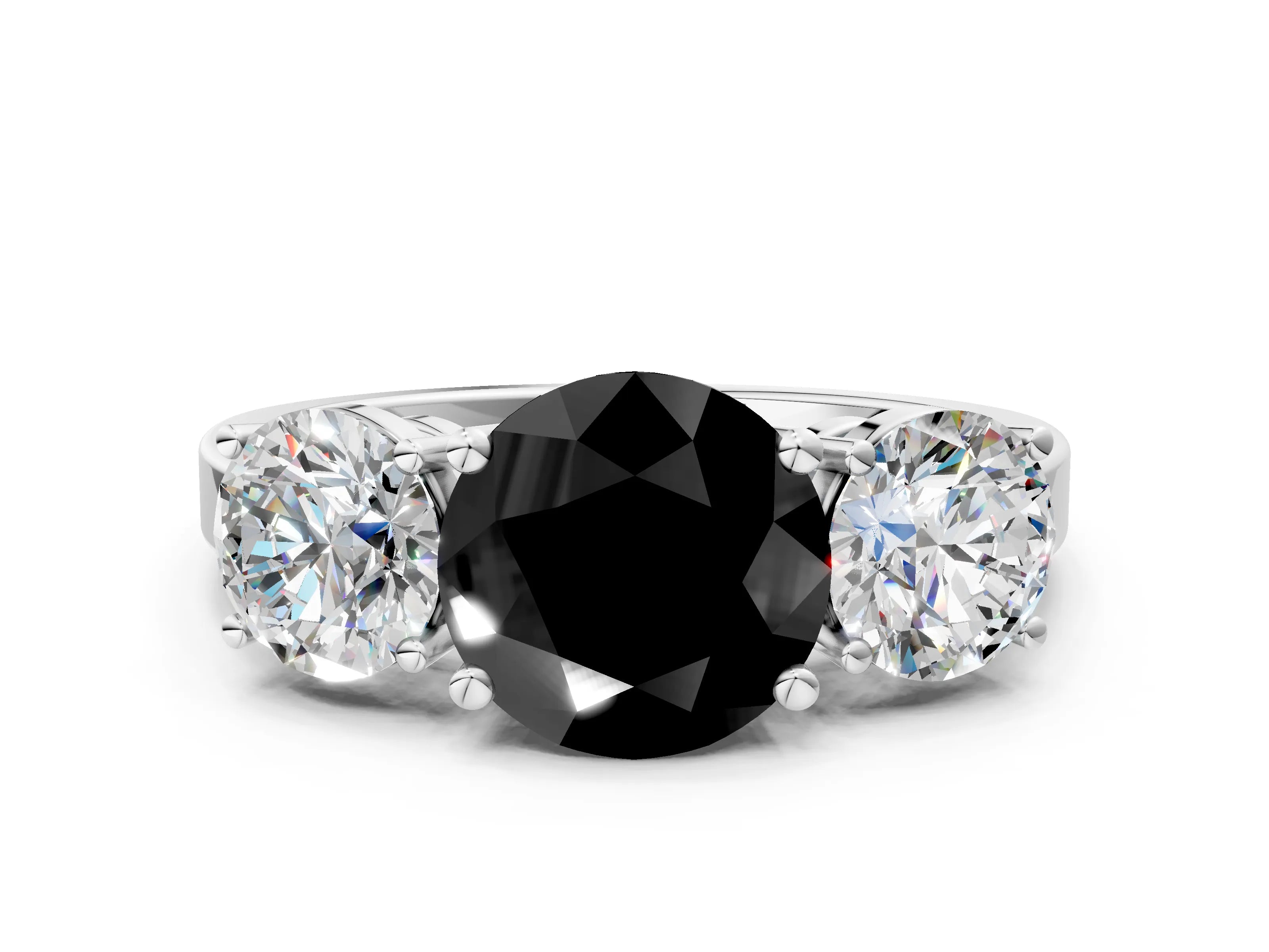 White gold Three-Stone Fancy Black Round Cut Cut Diamond Engagement Ring with Flat Band and Four-Prong Setting