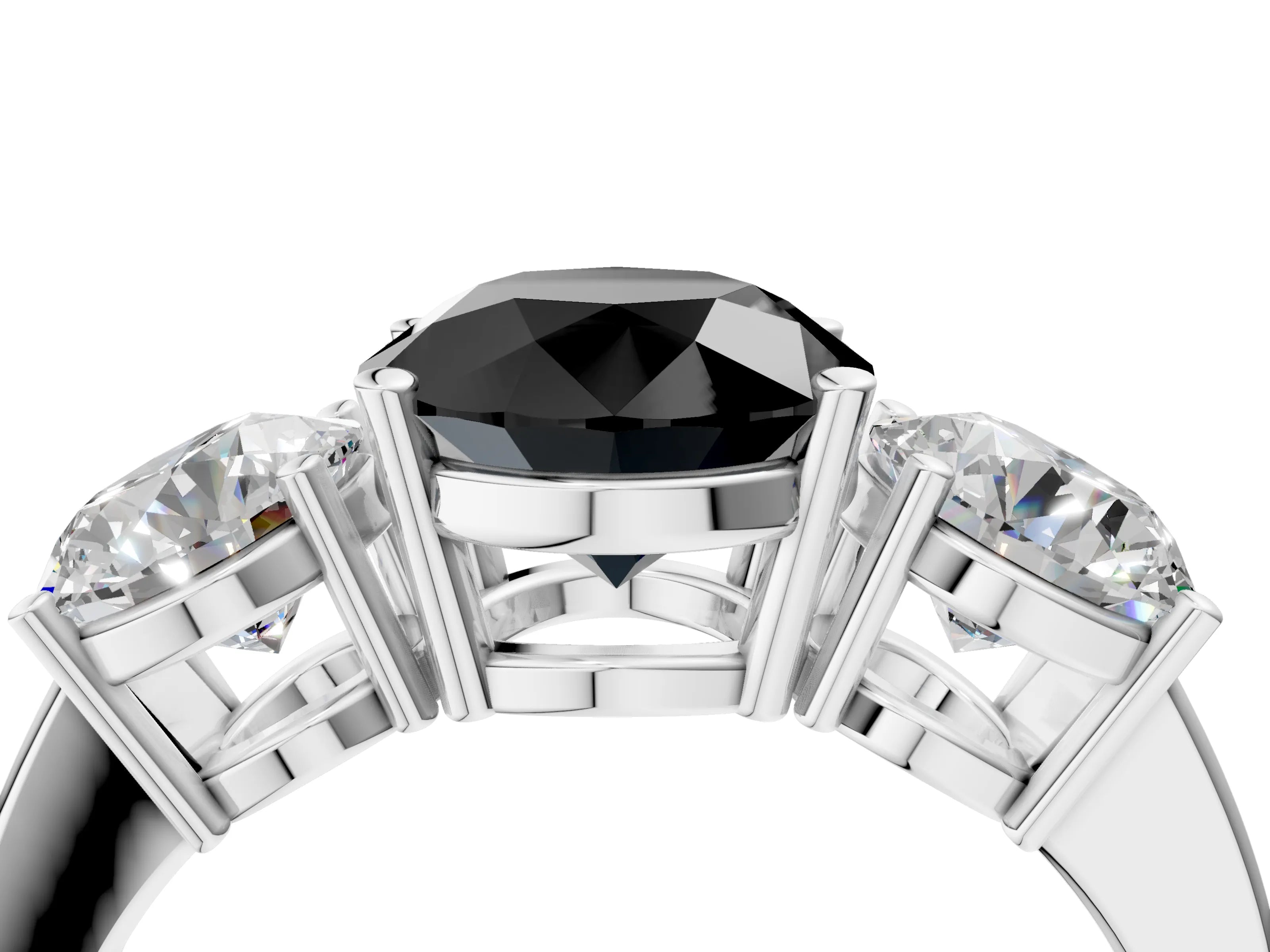 White gold Three-Stone Fancy Black Round Cut Cut Diamond Engagement Ring with Flat Band and Four-Prong Setting_4
