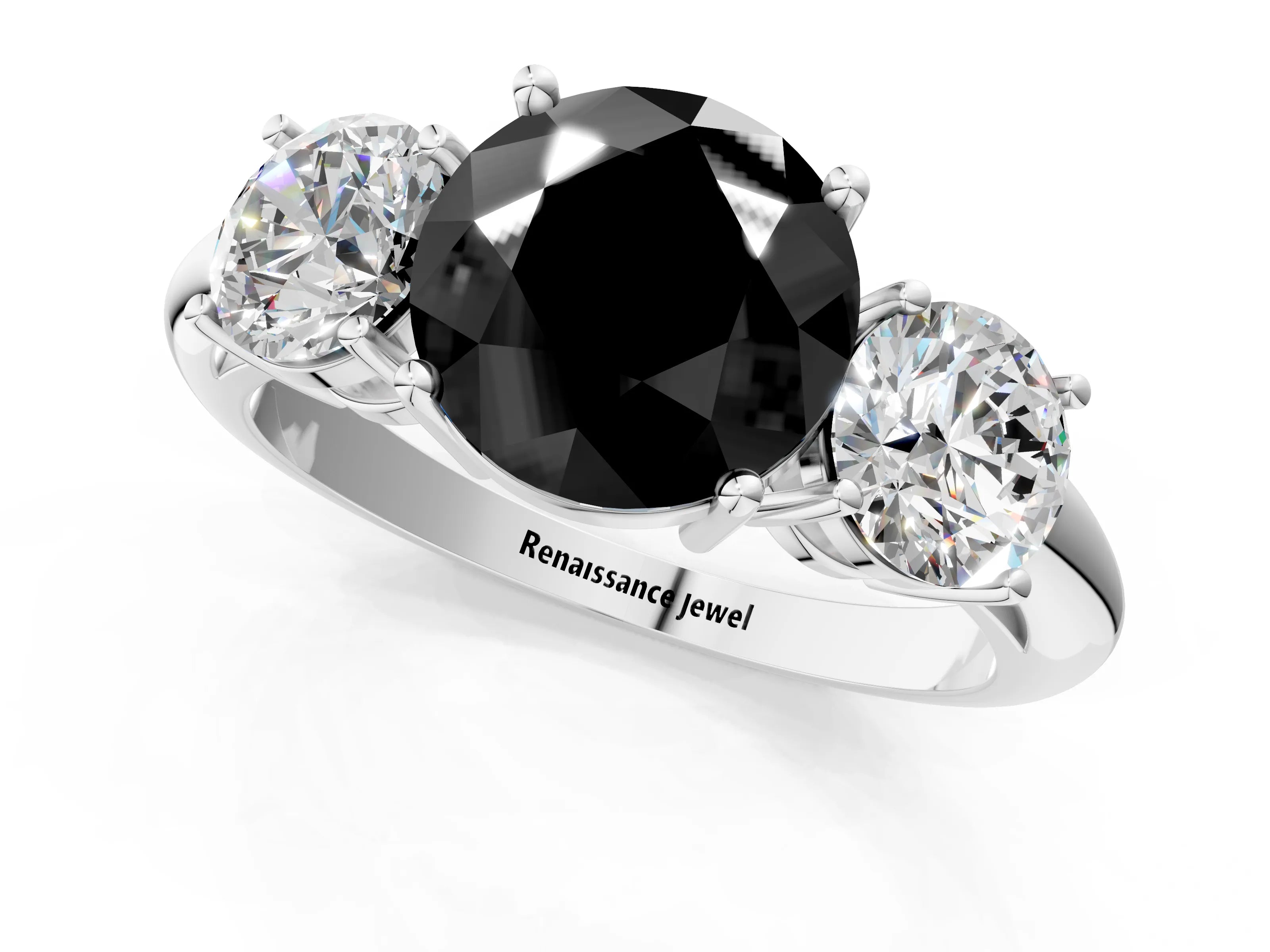 White gold Three-Stone Fancy Black Round Cut Cut Diamond Engagement Ring with Prong Setting on a White Gold Band_13