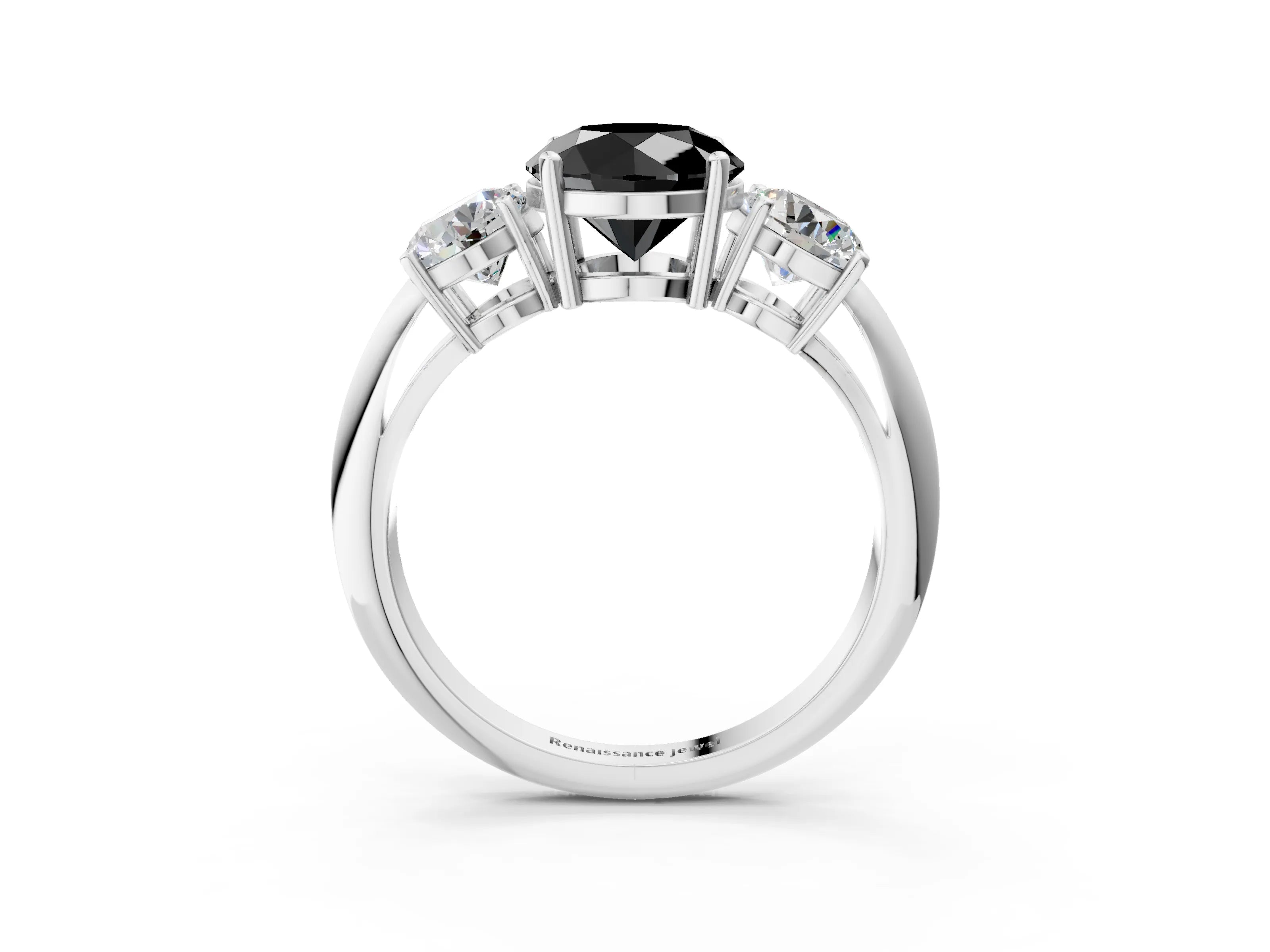 White gold Three-Stone Fancy Black Round Cut Cut Diamond Engagement Ring with Prong Setting on a White Gold Band_15