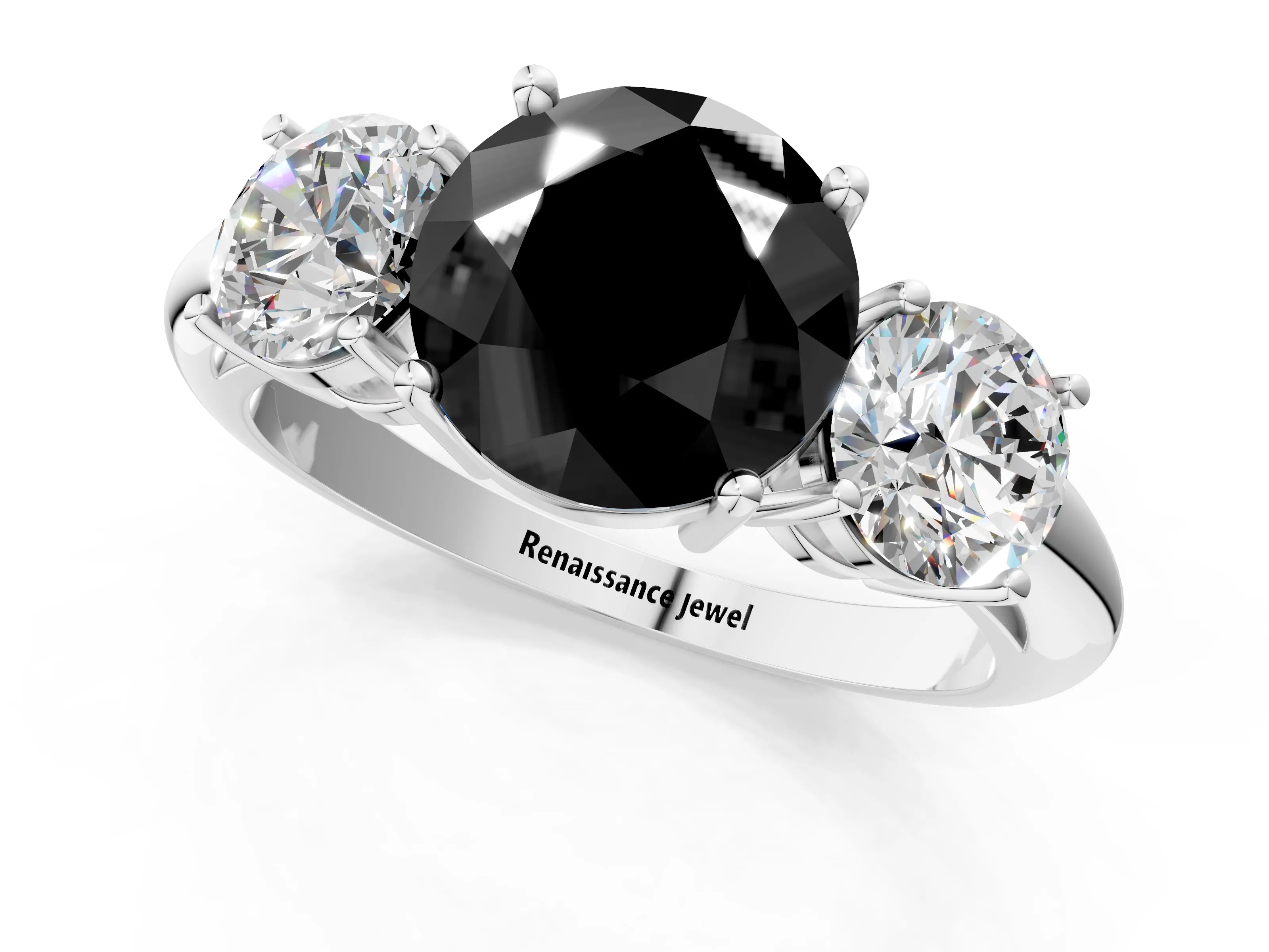 White gold Three-Stone Fancy Black Round Cut Cut Diamond Engagement Ring with Prong Setting on a White Gold Band_1
