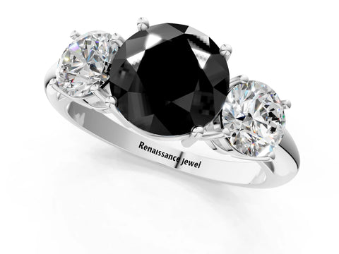 White gold Three-Stone Fancy Black Round Cut Cut Diamond Engagement Ring with Prong Setting on a White Gold Band_1