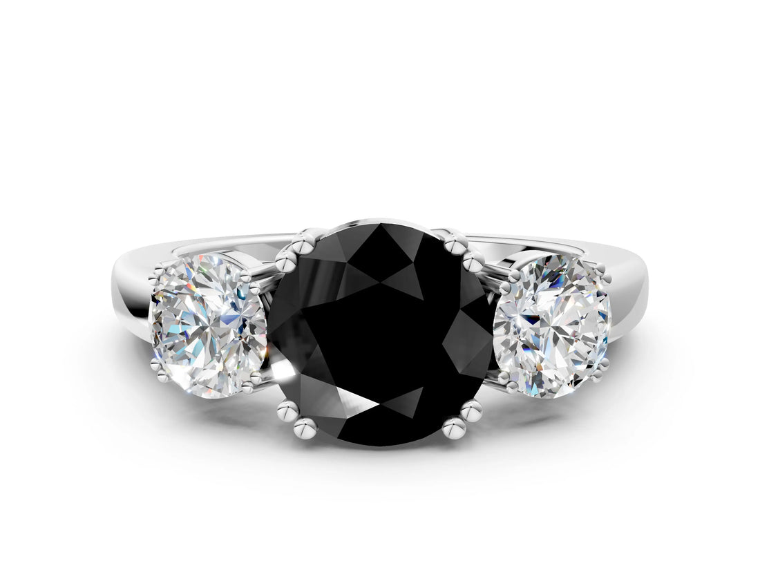 White gold Three-Stone Fancy Black Round Cut Cut Diamond Ring with Channel Set Band and Four-Prong Setting_12