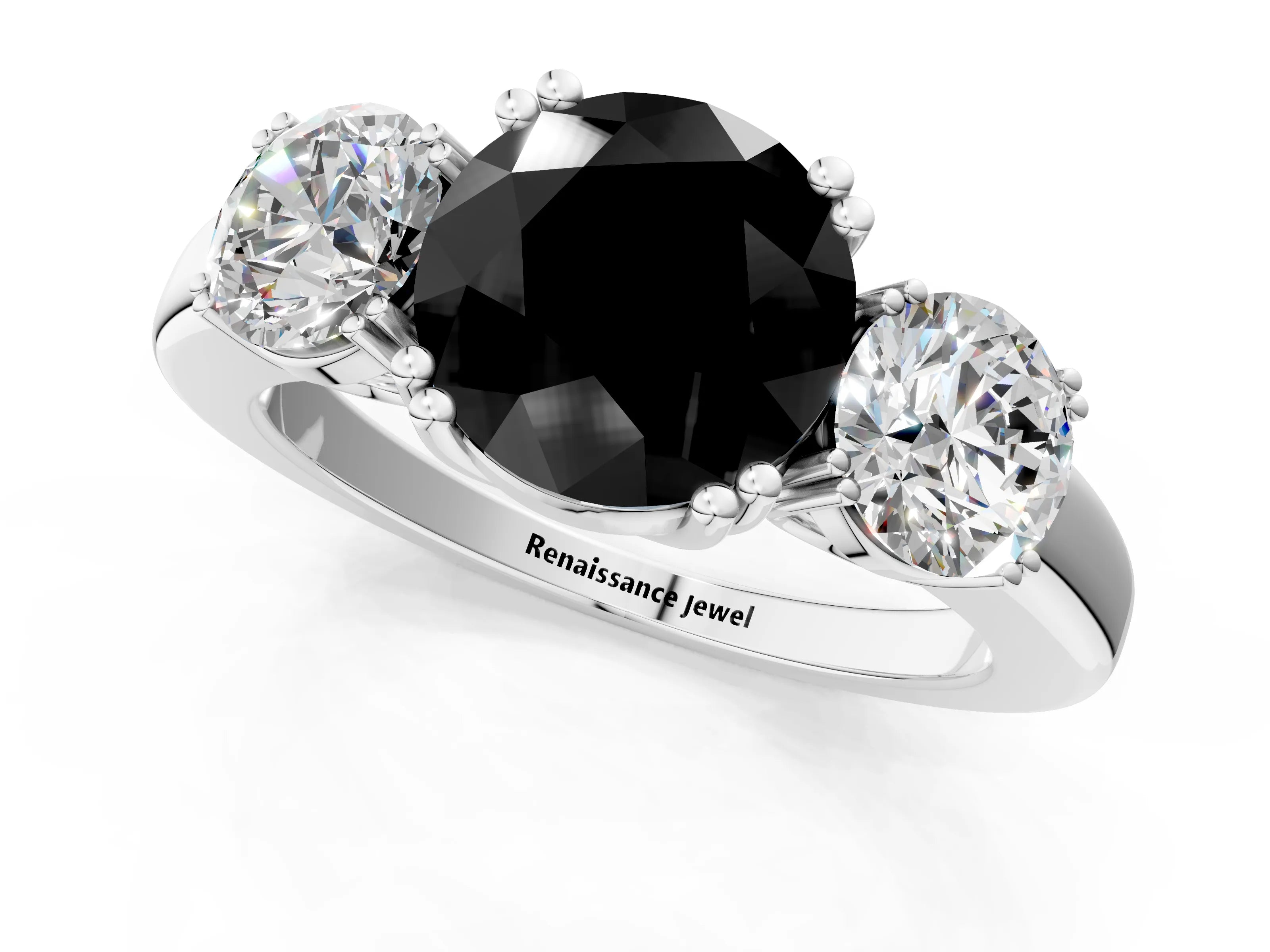 White gold Three-Stone Fancy Black Round Cut Cut Diamond Ring with Channel Set Band and Four-Prong Setting_1