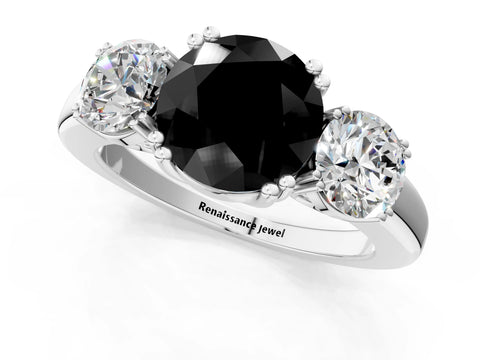 White gold Three-Stone Fancy Black Round Cut Cut Diamond Ring with Channel Set Band and Four-Prong Setting_1