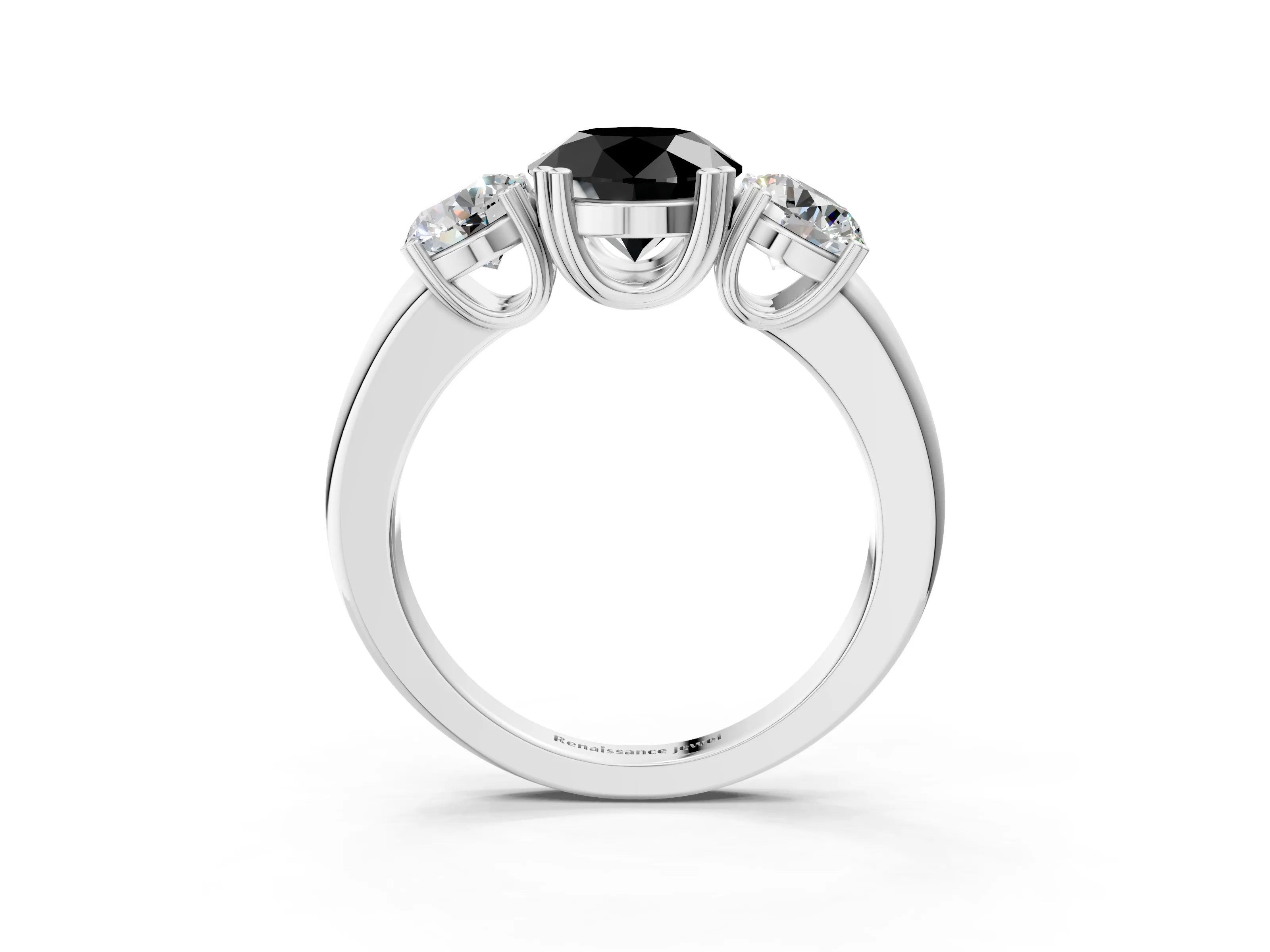 White gold Three-Stone Fancy Black Round Cut Cut Diamond Ring with Channel Set Band and Four-Prong Setting_3