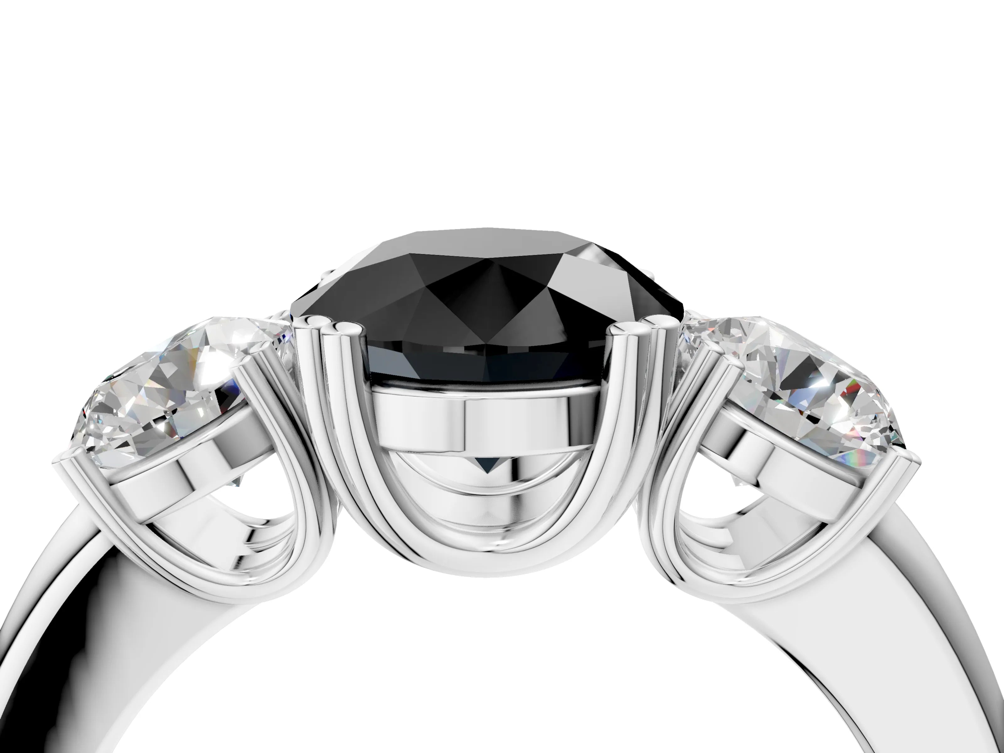 White gold Three-Stone Fancy Black Round Cut Cut Diamond Ring with Channel Set Band and Four-Prong Setting_4