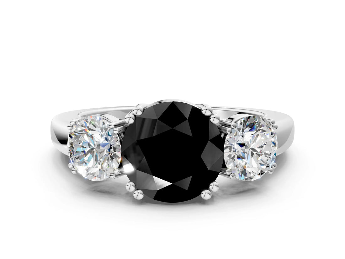 White gold Three-Stone Fancy Black Round Cut Cut Diamond Ring with Channel Set Band and Four-Prong Setting_60