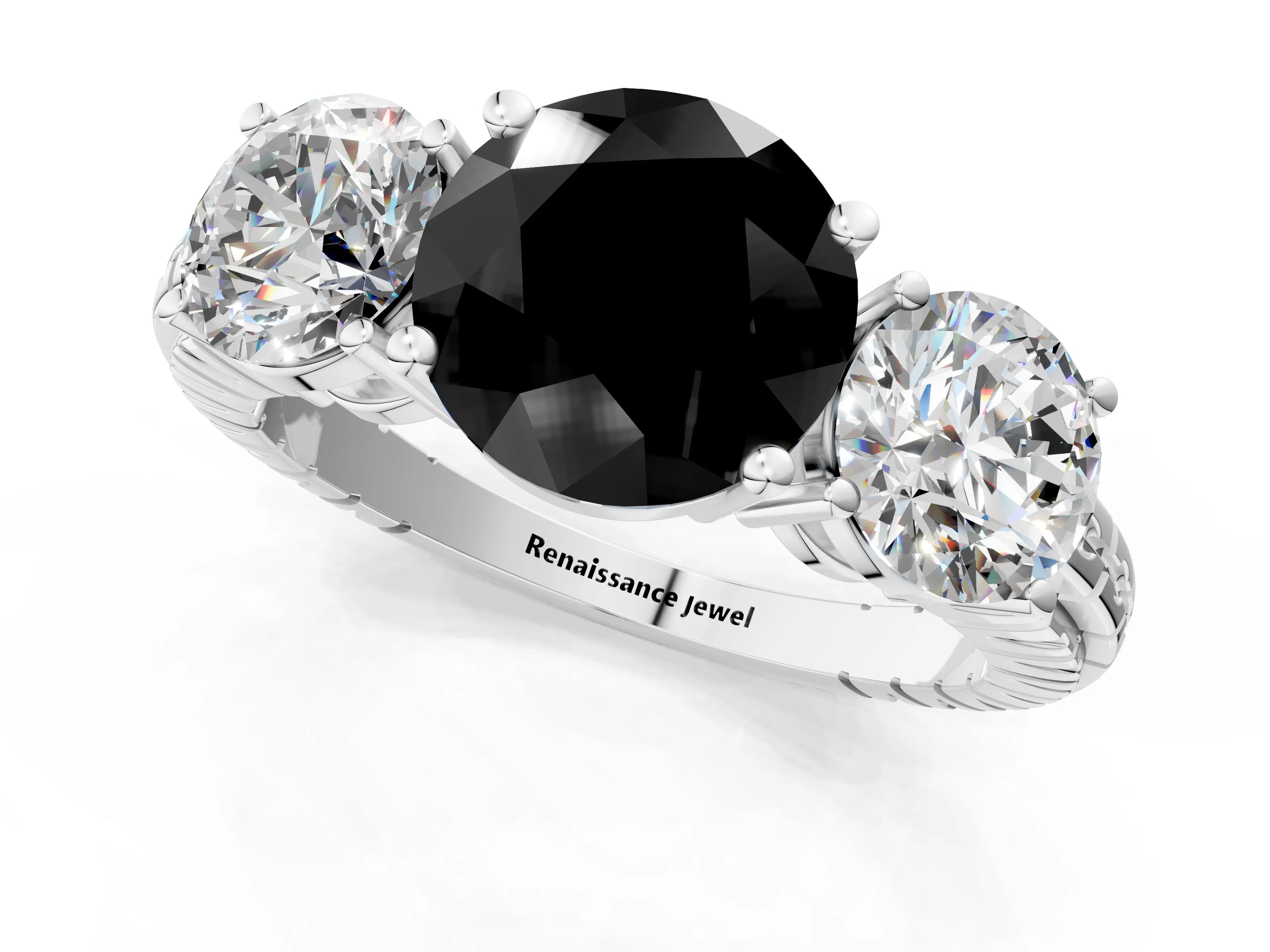 White gold Three-Stone Fancy Black Round Cut Cut Diamond Ring with Channel-Set Band and Prong Setting_1