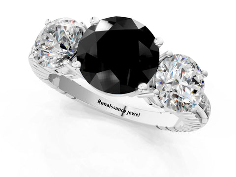 White gold Three-Stone Fancy Black Round Cut Cut Diamond Ring with Channel-Set Band and Prong Setting_1