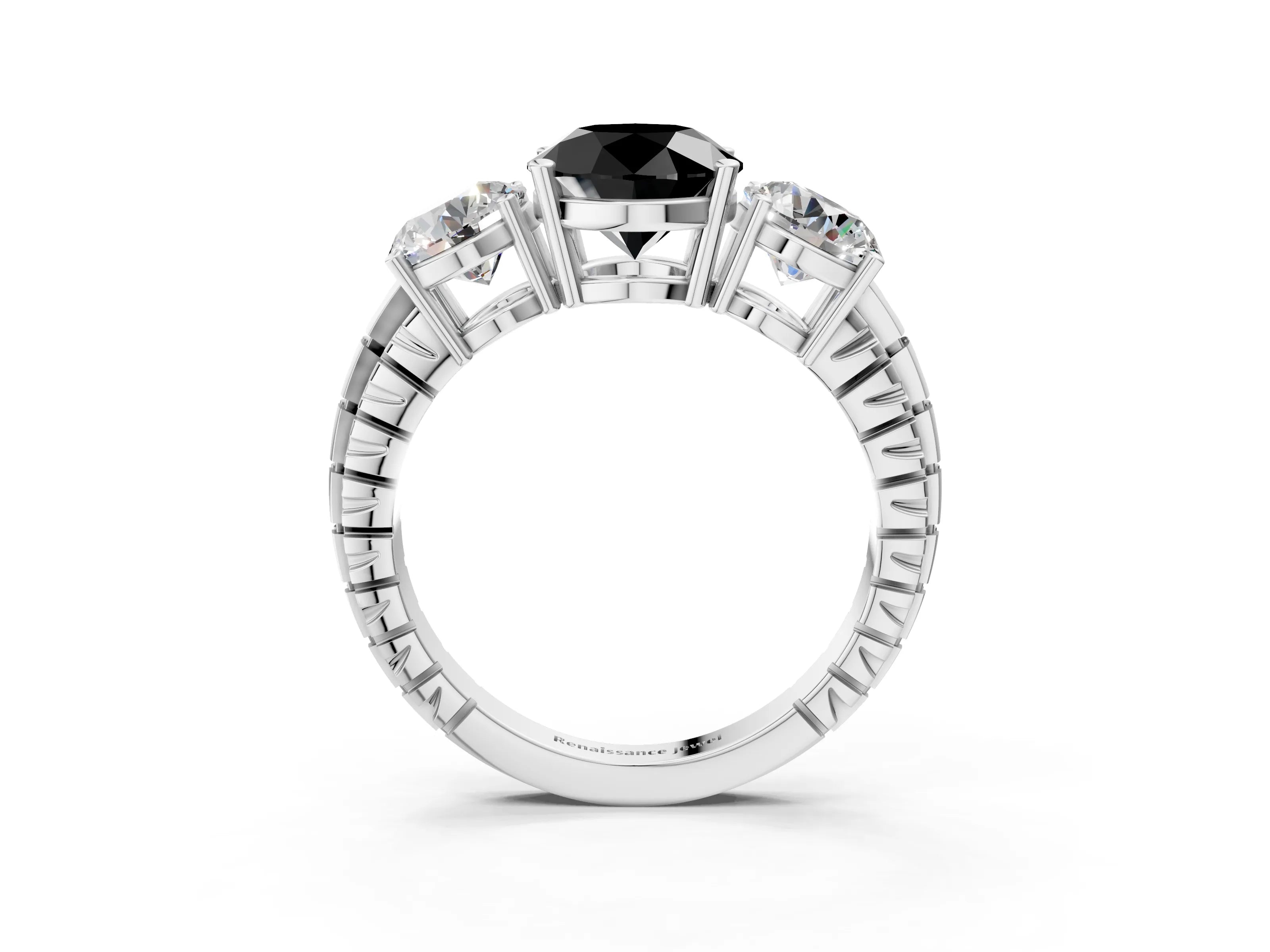 White gold Three-Stone Fancy Black Round Cut Cut Diamond Ring with Channel-Set Band and Prong Setting_3