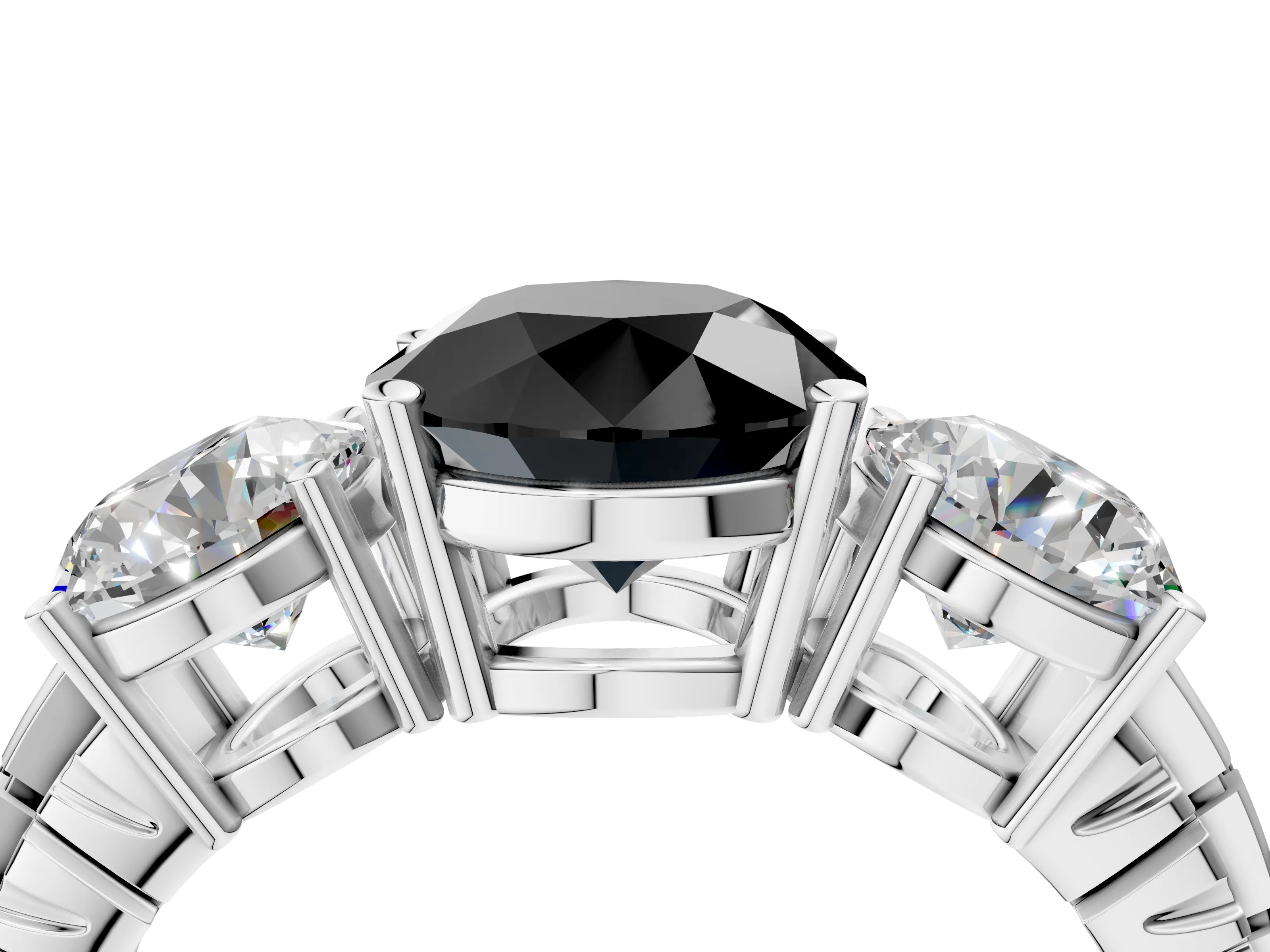 White gold Three-Stone Fancy Black Round Cut Cut Diamond Ring with Channel-Set Band and Prong Setting_4