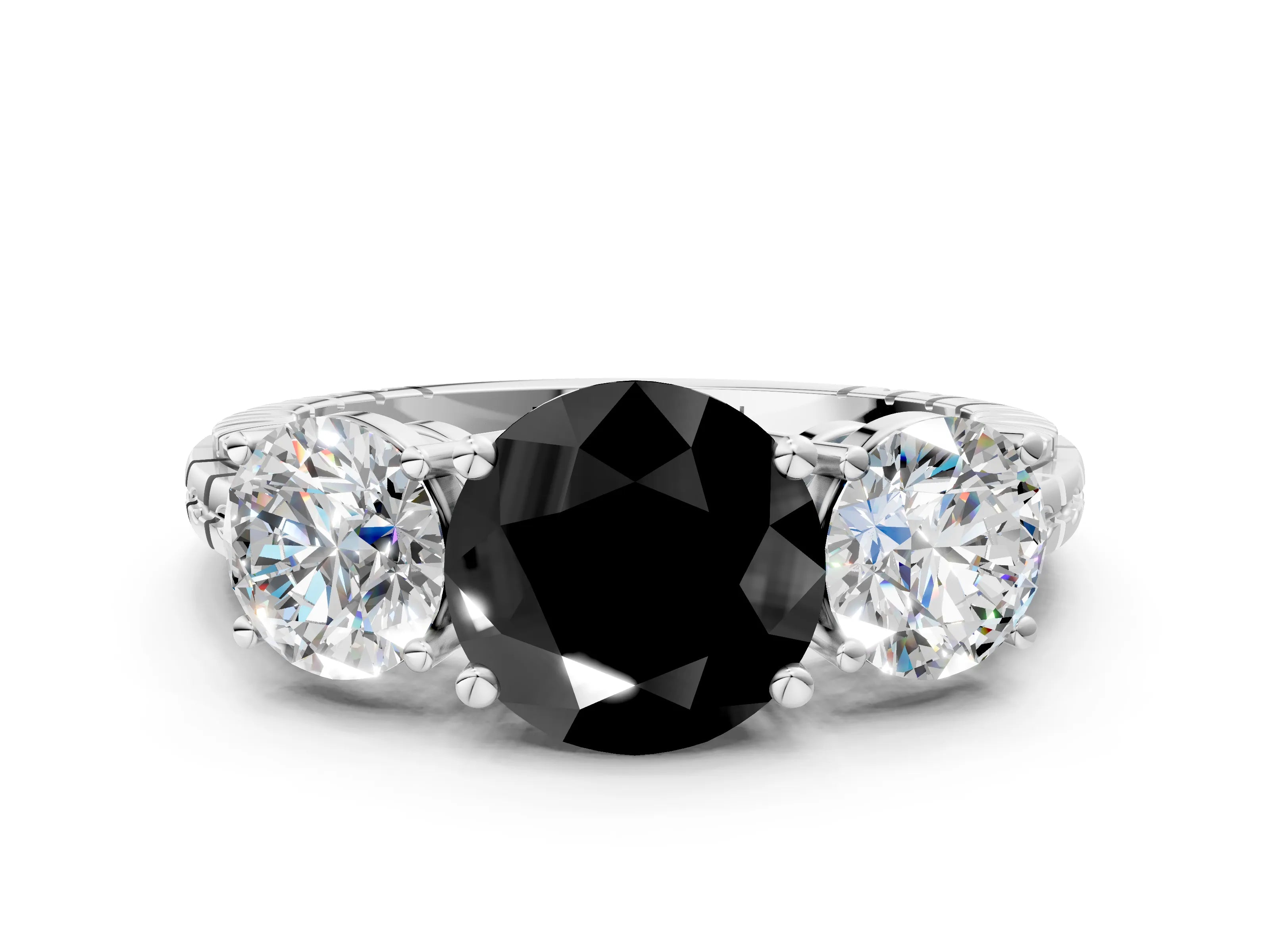 White gold Three-Stone Fancy Black Round Cut Cut Diamond Ring with Channel-Set Band and Prong Setting