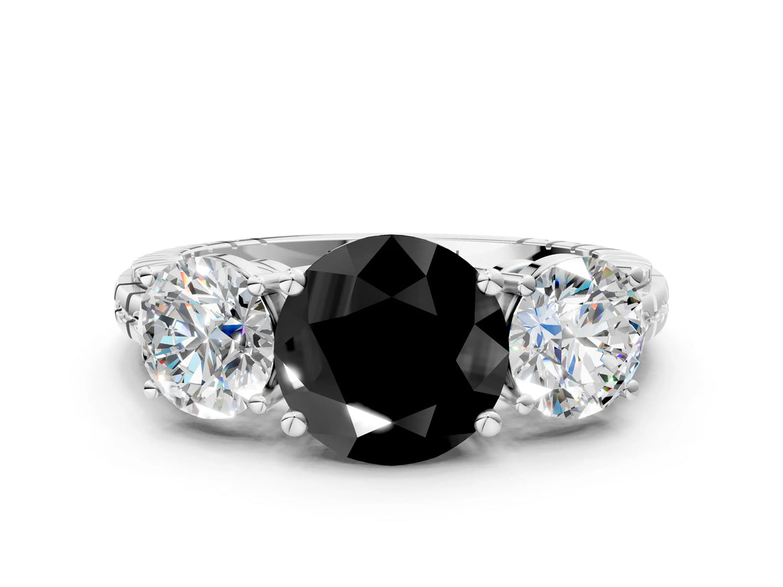 White gold Three-Stone Fancy Black Round Cut Cut Diamond Ring with Channel-Set Band and Prong Setting