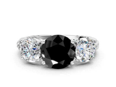 White gold Three-Stone Fancy Black Round Cut Cut Diamond Ring with Channel-Set Band and Prong Setting