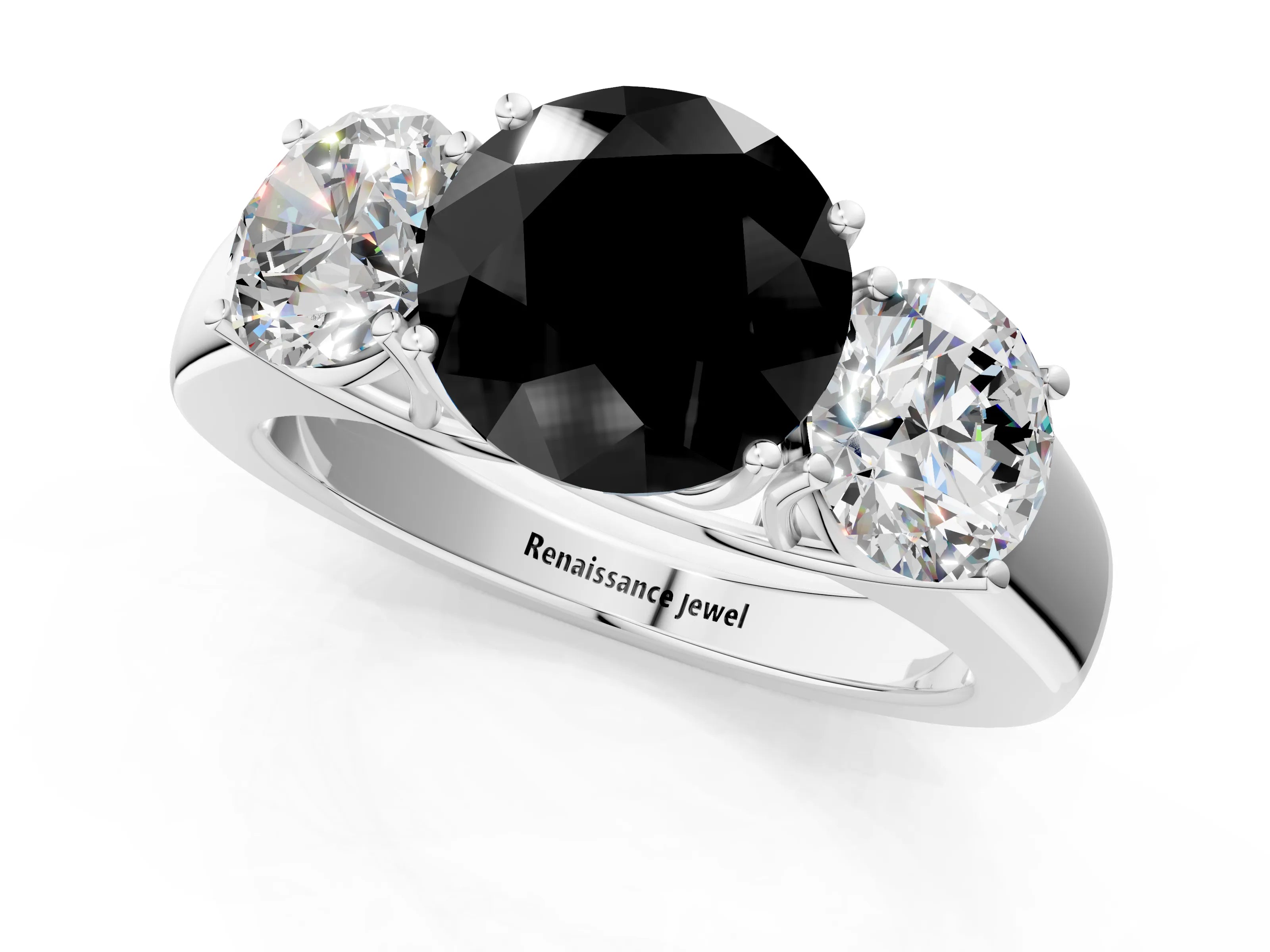 White gold Three-Stone Fancy Black Round Cut Cut Diamond Ring with Prong Setting and Classic Band_1
