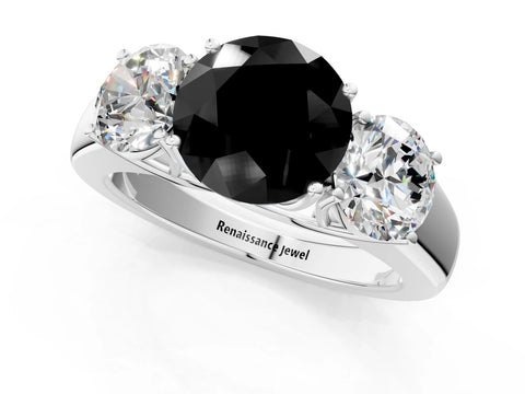 White gold Three-Stone Fancy Black Round Cut Cut Diamond Ring with Prong Setting and Classic Band_1