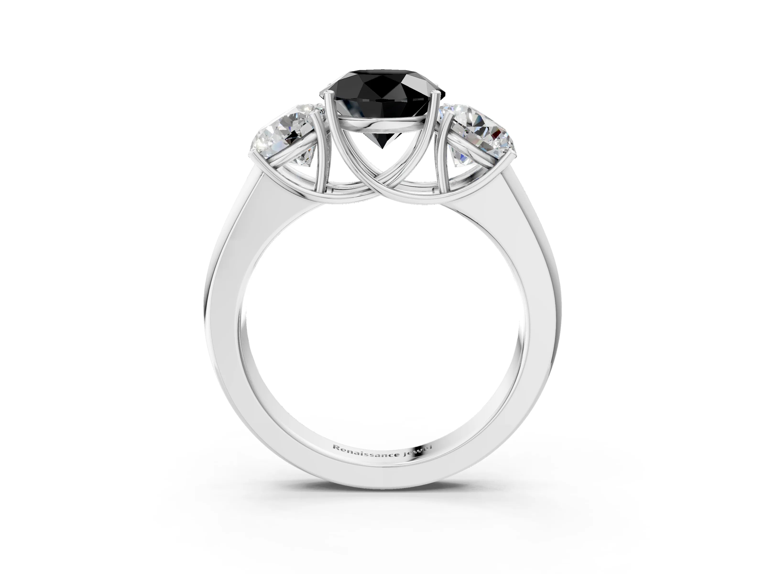 White gold Three-Stone Fancy Black Round Cut Cut Diamond Ring with Prong Setting and Classic Band_3