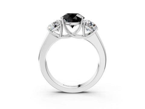 White gold Three-Stone Fancy Black Round Cut Cut Diamond Ring with Prong Setting and Classic Band_3