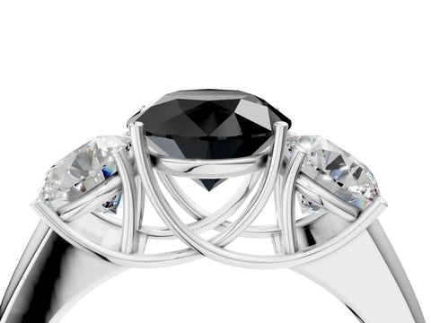 White gold Three-Stone Fancy Black Round Cut Cut Diamond Ring with Prong Setting and Classic Band_4