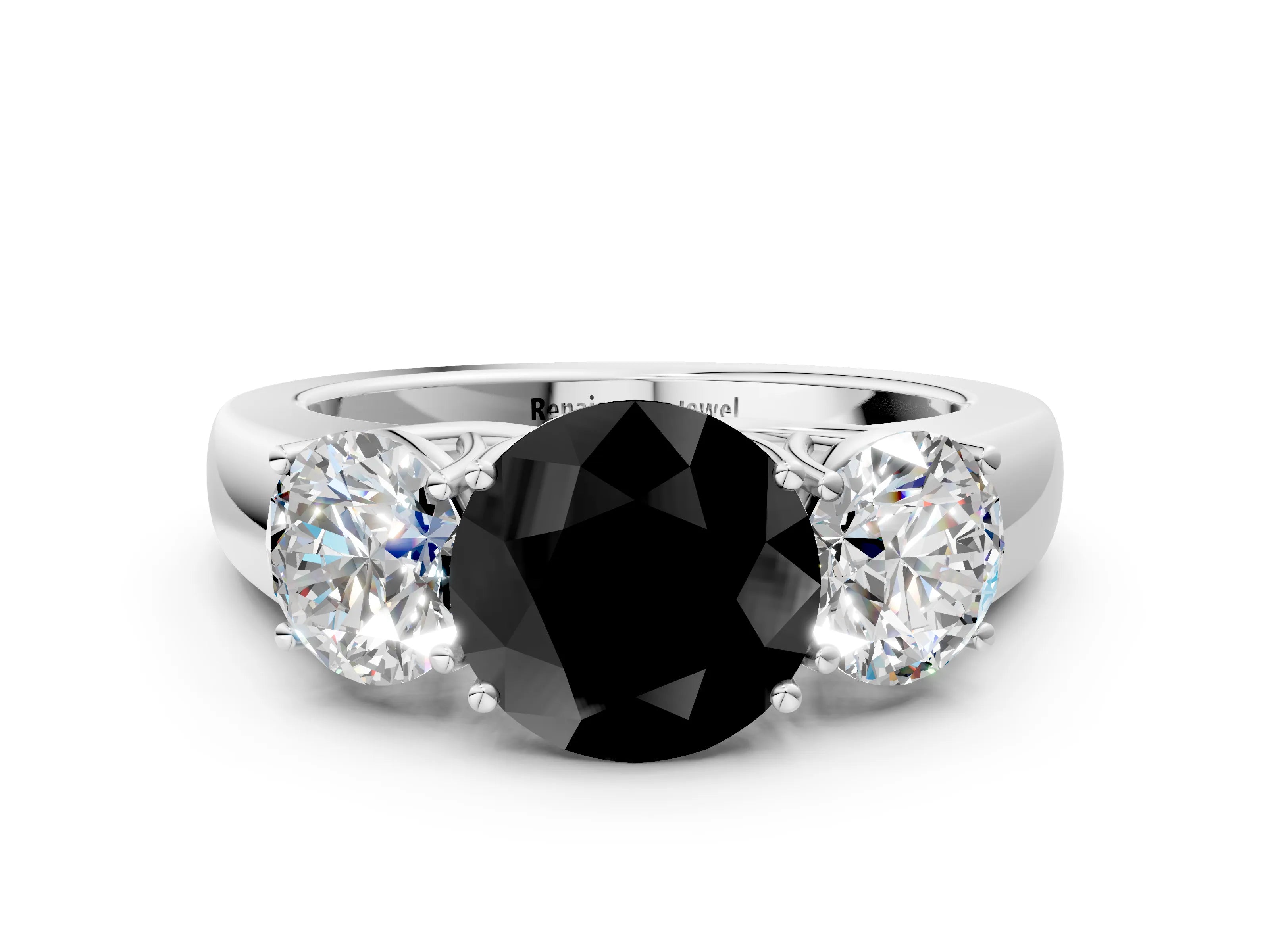 White gold Three-Stone Fancy Black Round Cut Cut Diamond Ring with Prong Setting and Classic Band