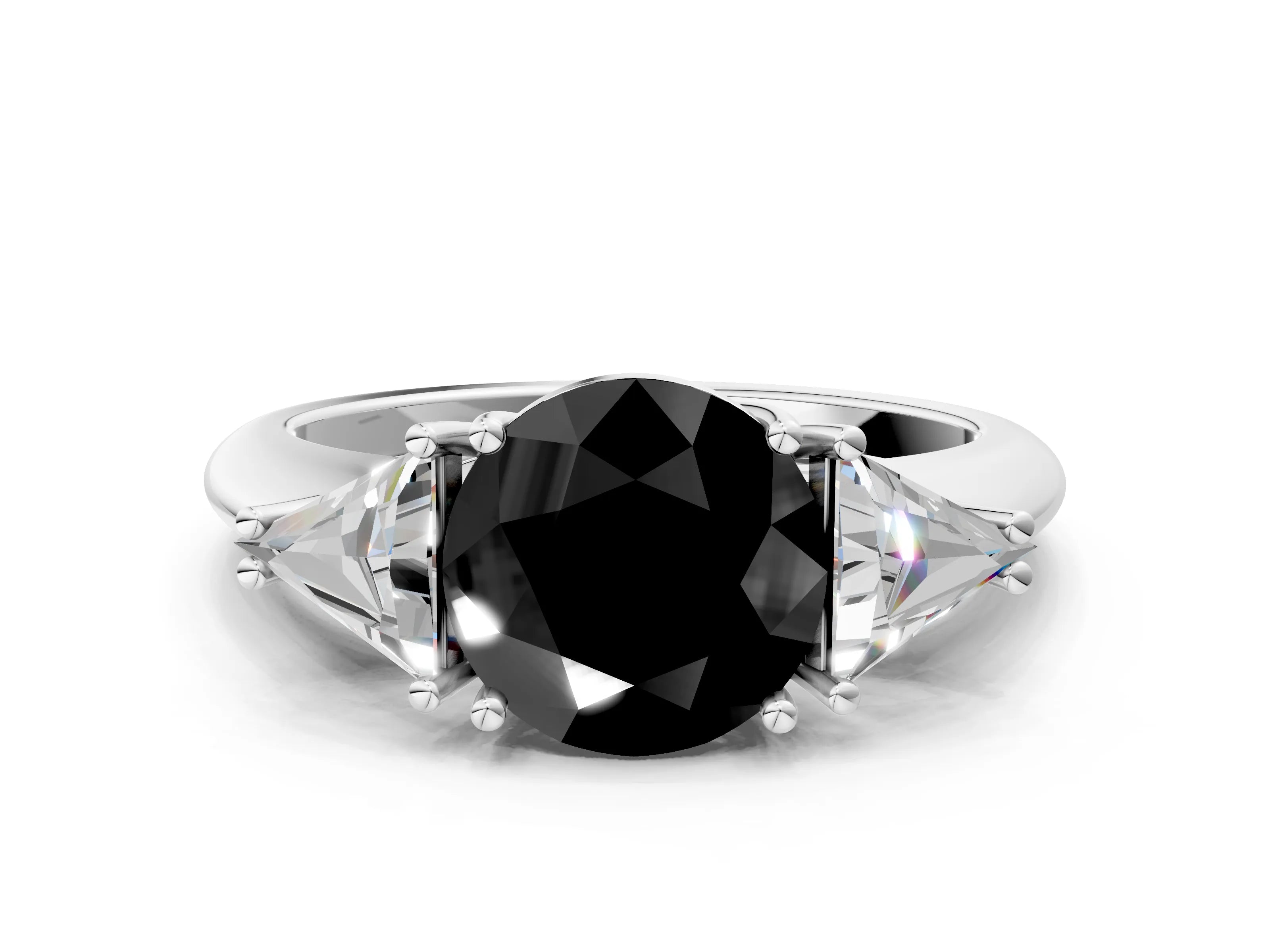 White gold Three-Stone Fancy Black Round Cut Cut Diamond Ring with Trillion Side Stones and Four-Prong Setting_11