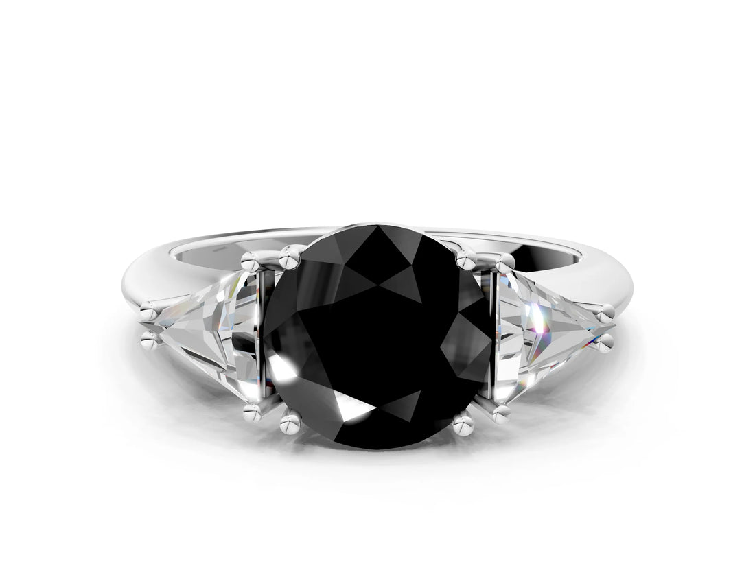White gold Three-Stone Fancy Black Round Cut Cut Diamond Ring with Trillion Side Stones and Four-Prong Setting_11