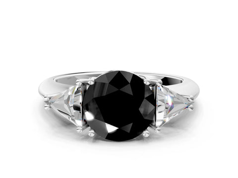 White gold Three-Stone Fancy Black Round Cut Cut Diamond Ring with Trillion Side Stones and Four-Prong Setting_11