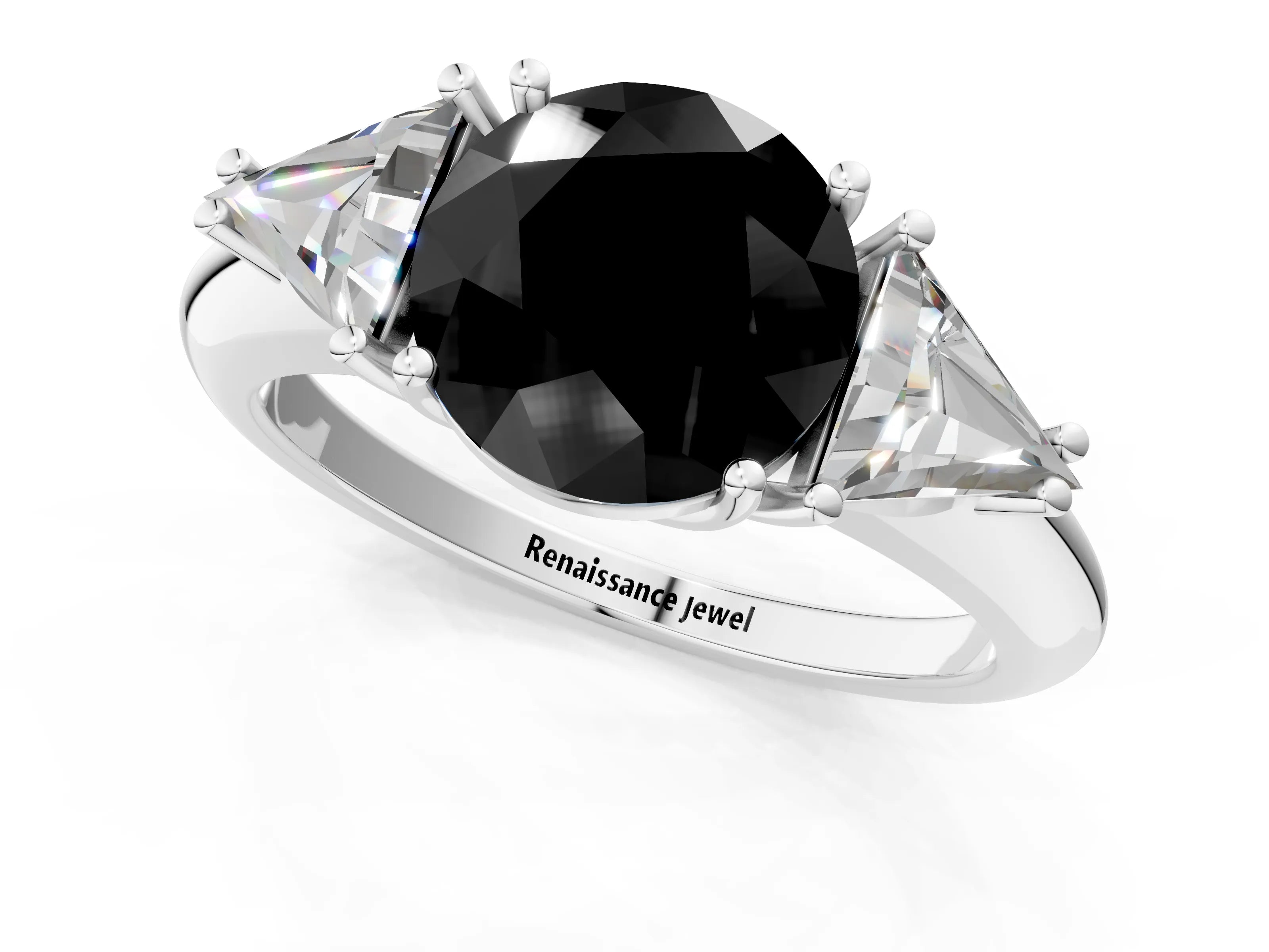 White gold Three-Stone Fancy Black Round Cut Cut Diamond Ring with Trillion Side Stones and Four-Prong Setting_12